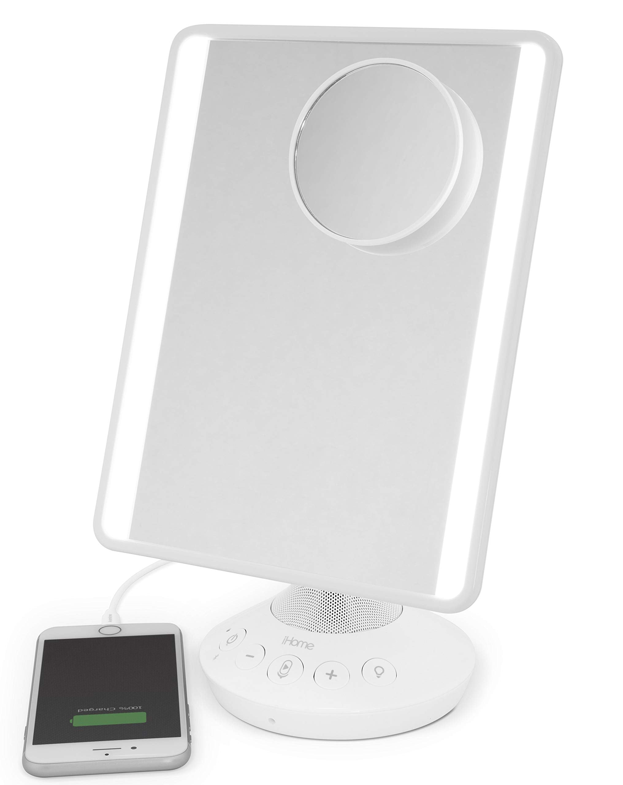iHome 7 x 9 Reflect iCVBT22W Adjustable Vanity Mirror with Bonus 10X Mirror, Bluetooth Audio, Hands-Free Speakerphone, LED Light