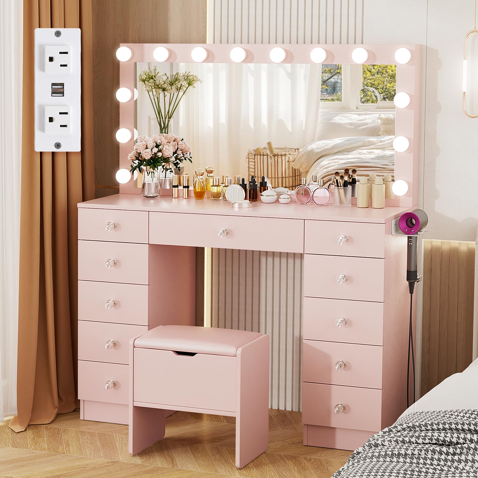 VOWNER Vanity with Lighted Mirror - Makeup Vanity Desk with 11 Drawers and Outlet, 3 Color Lighting Modes Adjustable Brightness,