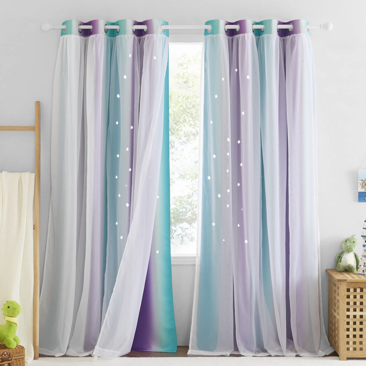 Nicetown Blackout Curtains 90 Inches Long - White Sheer Overlay Thermal Insulated Curtains For Living Room, Ombre Rainbow Curtai