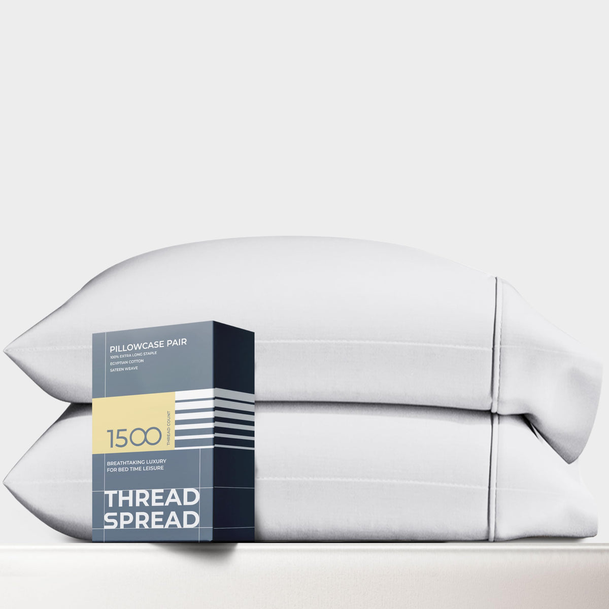 Thread Spread 100% Egyptian Cotton Pillow Cases Standard/Queen Size Set Of 2 - Luxury 1500 Thread Count Sateen White Pillow Case