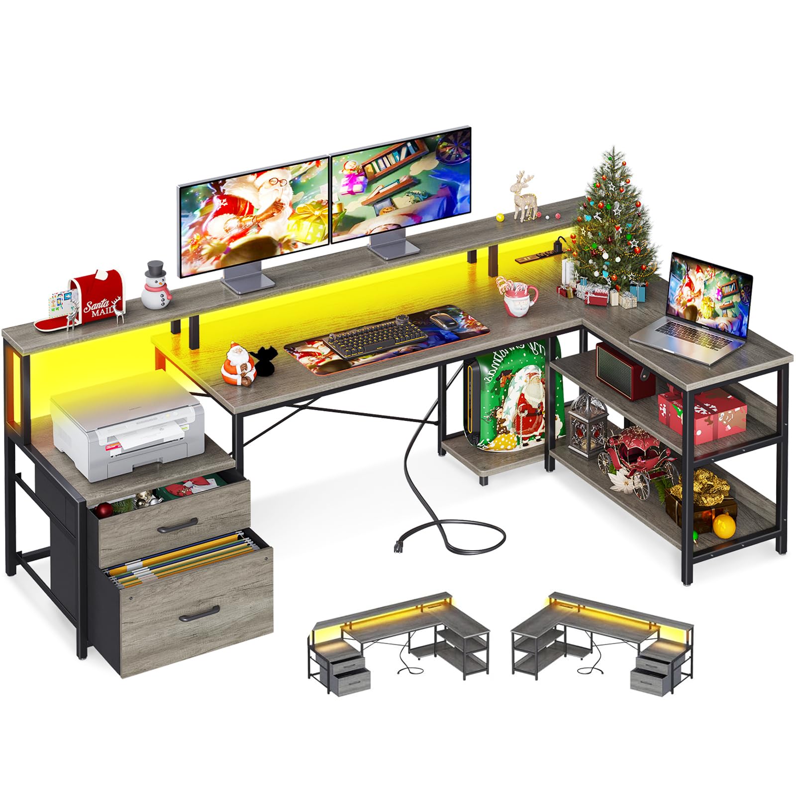 Odk L Shaped Desk With File Drawer, 75' Reversible L Shaped Computer Desk With Power Outlet & Led Strip, Office Desk With Storage Shelves, Gaming Desk With Monitor Shelf, Corner Desk, Grey Oak