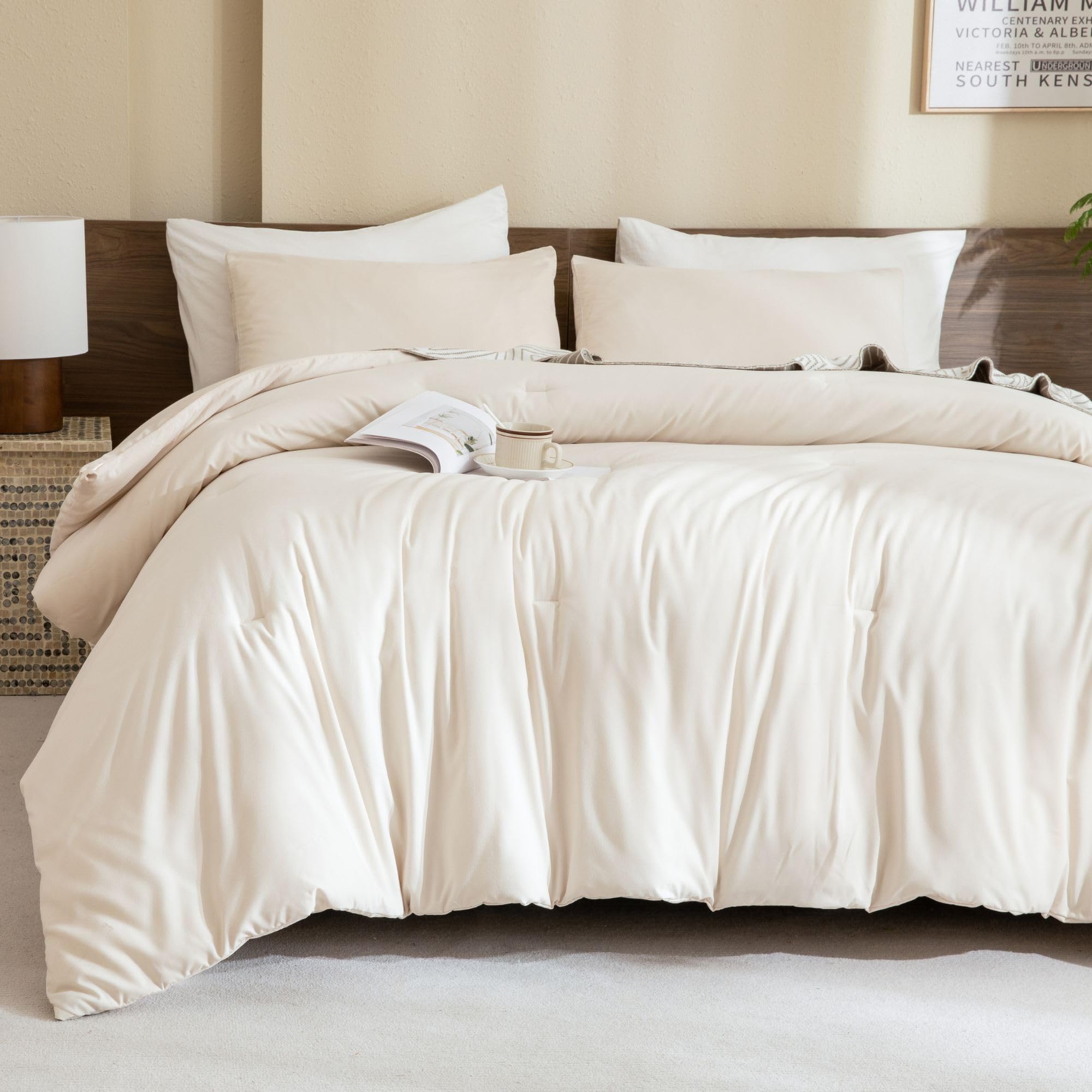 Paxrac Beige Comforter Set Queen Size, Cream 3 Pieces Comforter Set, Lightweight Solid Neutral Bedding Set, All Seasons Soft Bre