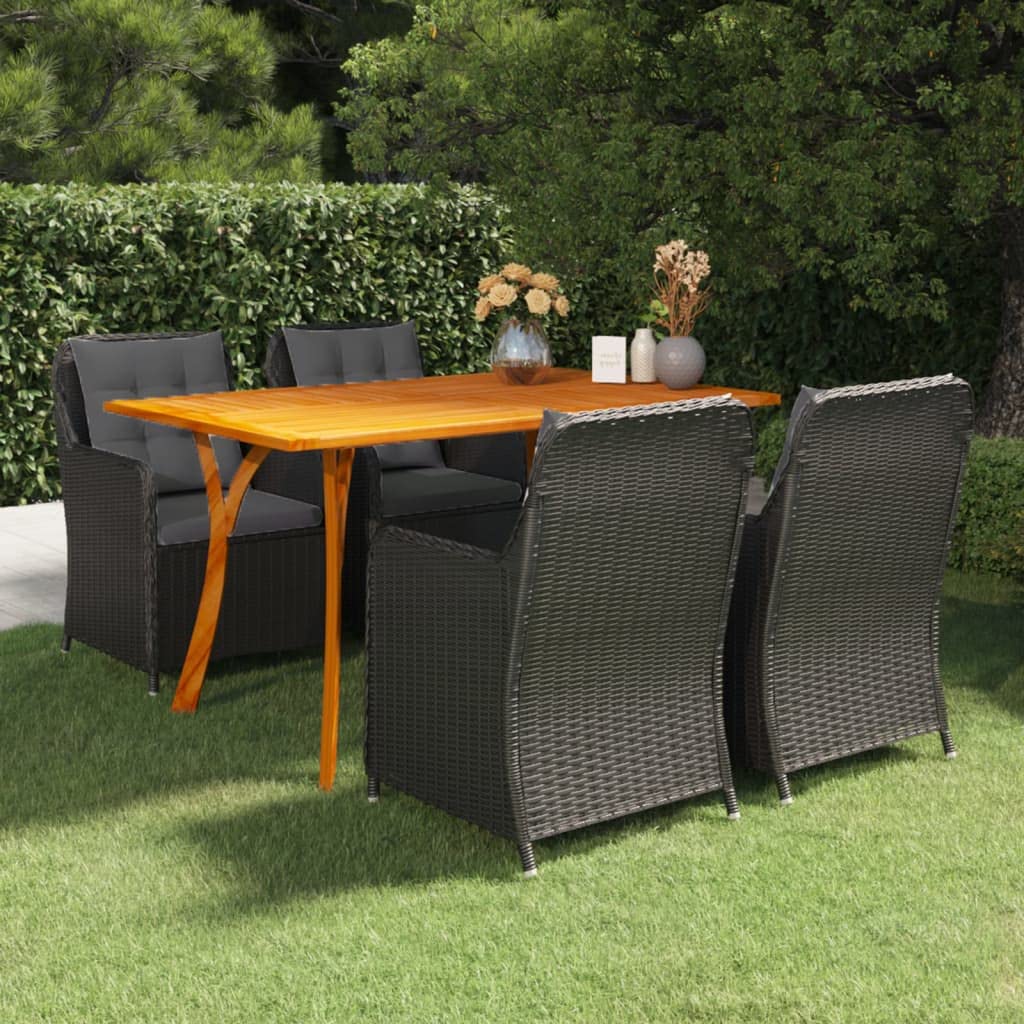 vidaXL 5-Piece Patio Dining Set - Solid Acacia Wood Table with Black PE Rattan Chairs - Includes Cushions - Stylish and Sturdy - Perfect for Outdoors