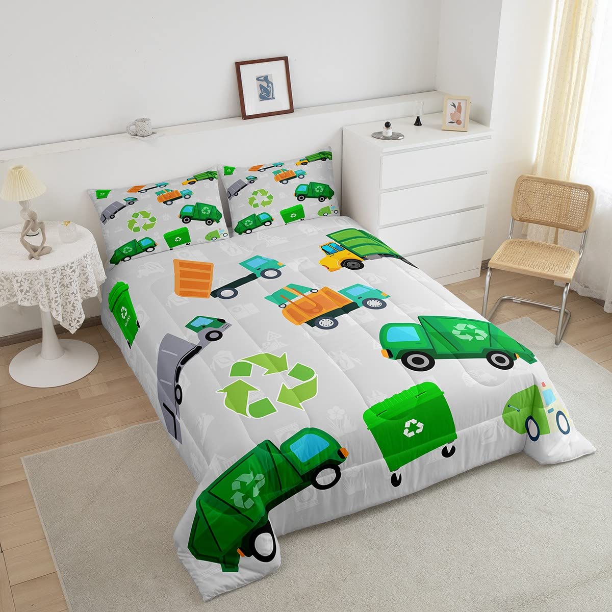 Feelyou Green Garbage Truck Twin Size Bedding Set Cartoon Trash Truck Comforter Set For Kids Boys Girls Teens Green Vehicle Car