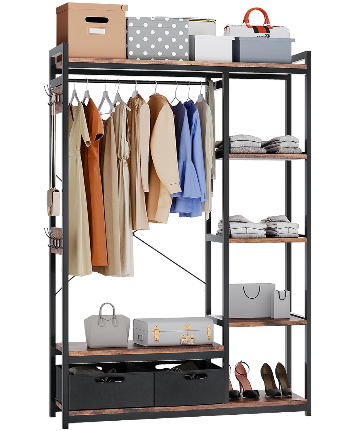 ZERDER Clothes Rack, Heavy Duty Garment Rack for Clothes, Industrial Clothing Racks with Shelves, 2 Fabric Drawers and 6 Side Ho