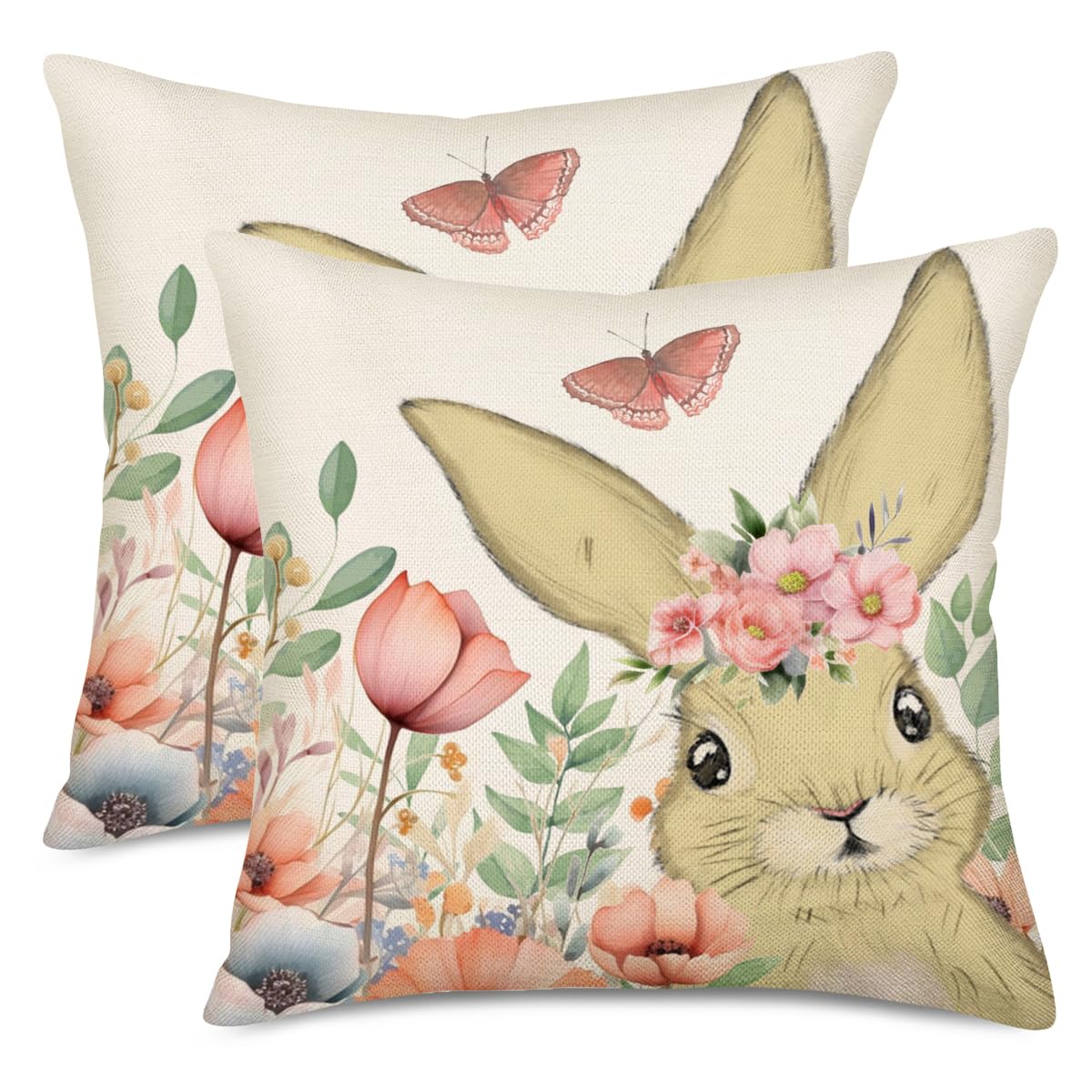 Fukeen Easter Pillow Covers 22X22 Inch Set Of 2 Cute Bunny Rabbit Floral Easter Farmhouse Decorations Throw Pillow Cover Spring