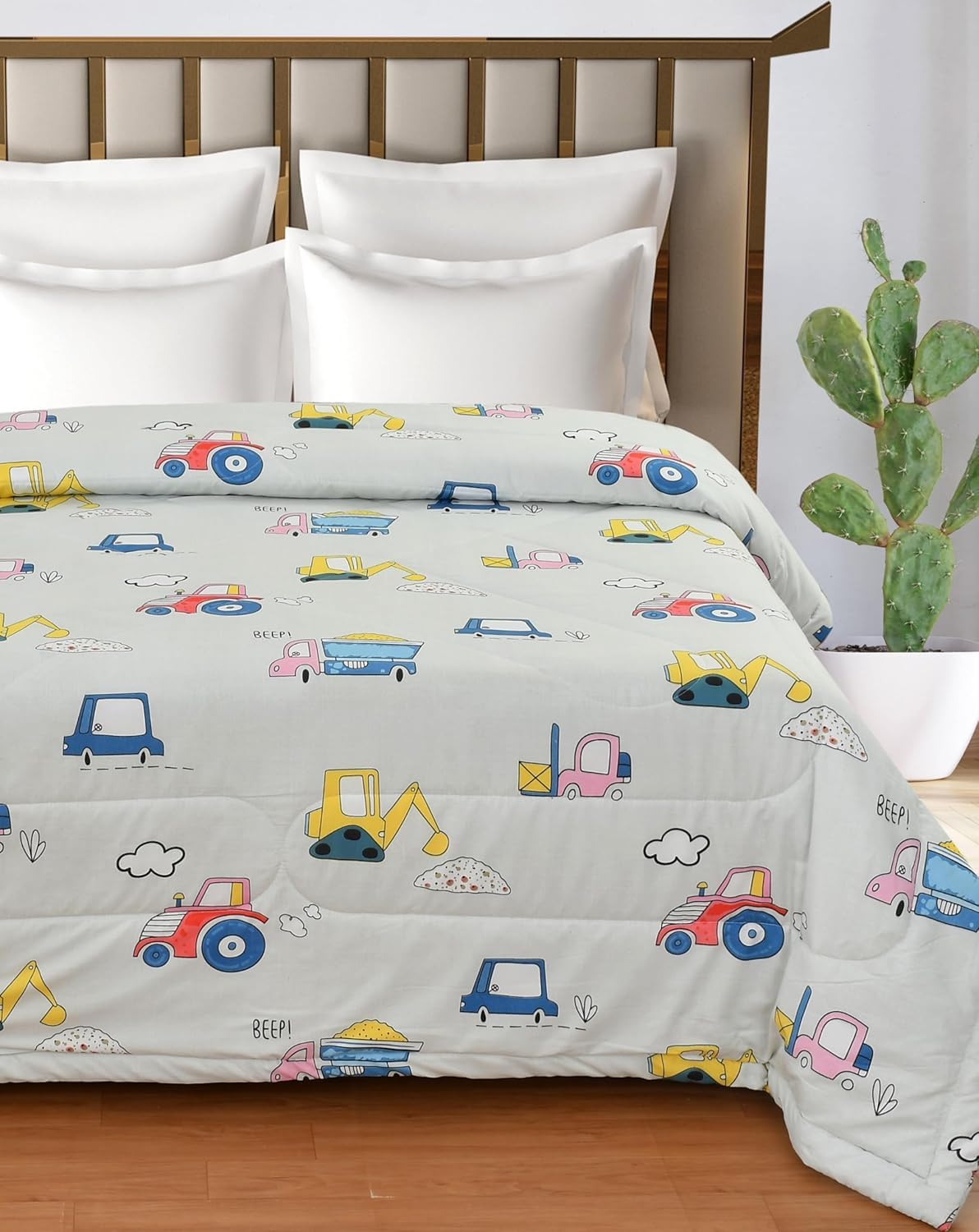 Kitch Deco Glace Cotton Printed Reversible Kids Double Bed & Kids Comforter/Dohar/Quilt, 200 Gsm (90X100Inch) Grey Traffic