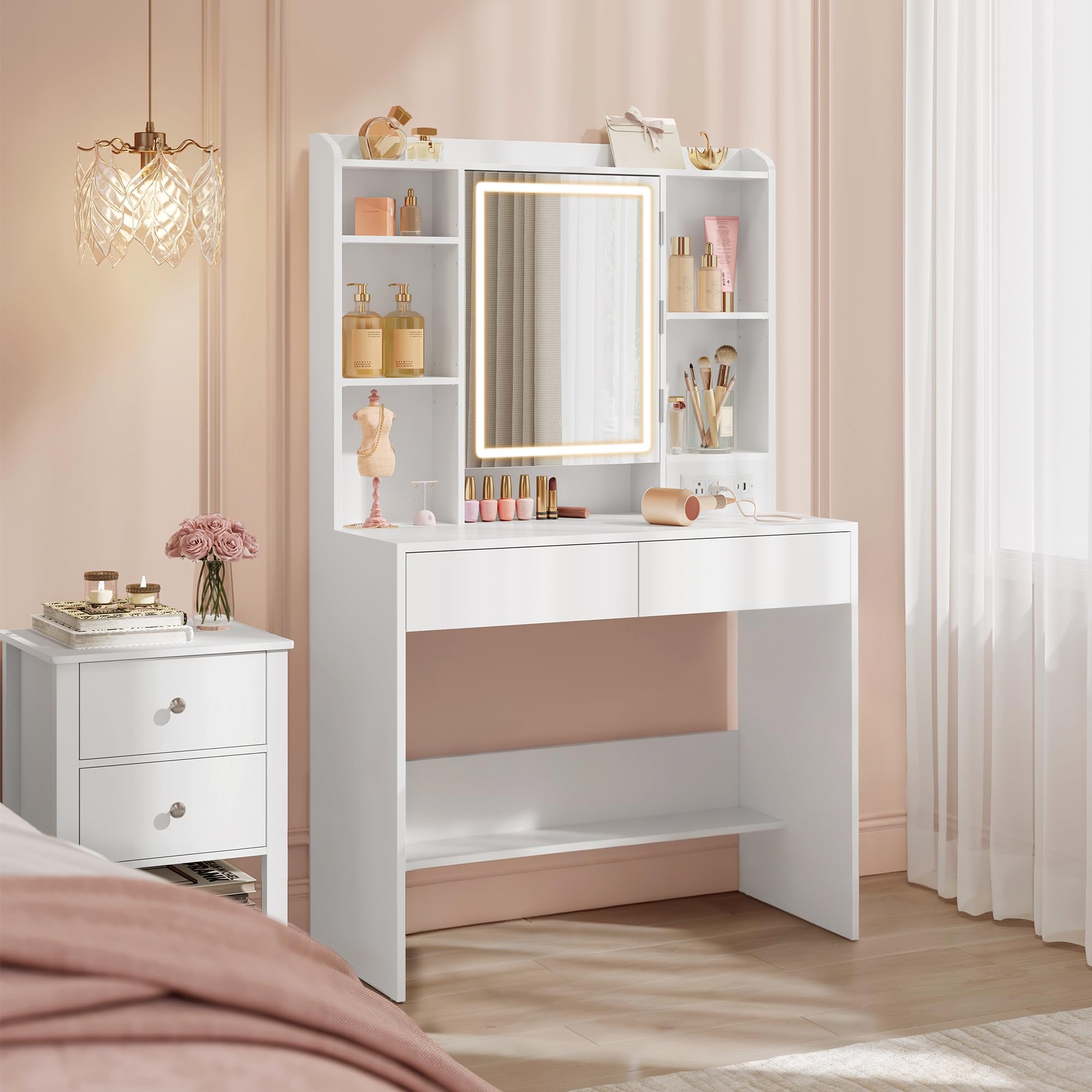 VASAGLE Kailyn Collection - Vanity Desk with Power Outlets, Makeup Vanity with Mirror and Lights, LED Lights, 6 Compartments, 2 