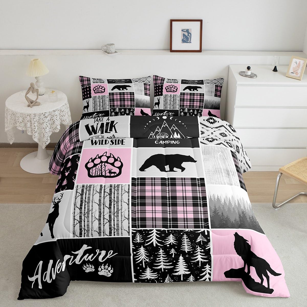 Rustic Farmhouse Comforter Set Twin Size,Deer Bear Wolf Hunting Animals Bedding Set For Kids Boys Girls Adults Room Decor,Pine T