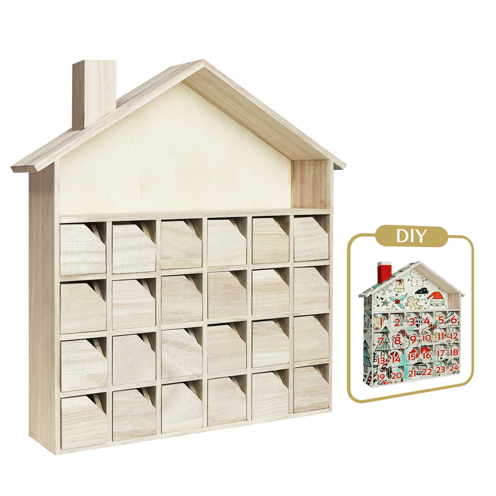 Sunlit Christmas Wooden Advent Calendar with Drawers, Unfinished Wooden, House Shaped Countdown Calendar Ready to Decorate and P
