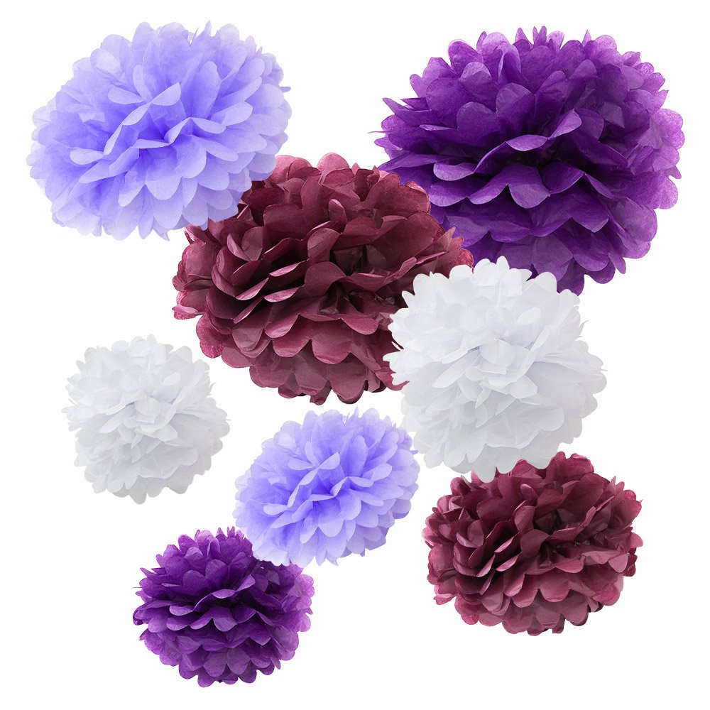 WYZworks Set of 8 (Assorted Purple Color Pack) 8 12 14 DIY Tissue Pom Poms Flower Party Decorations for Weddings, Birthday, Brid
