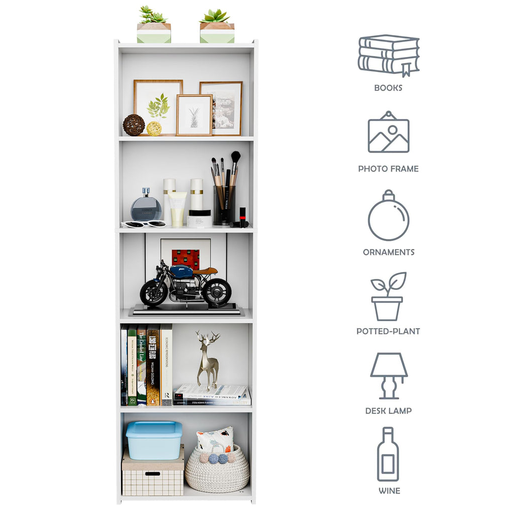 Super Deal 5-Tier Bookshelf Narrow Bookcase Wood Cube Storage Shelf Freestanding Open Shelf Display Rack Organizer For Small Spaces Kids Bedroom Living Room Home Office Apartment, 52 Inch White