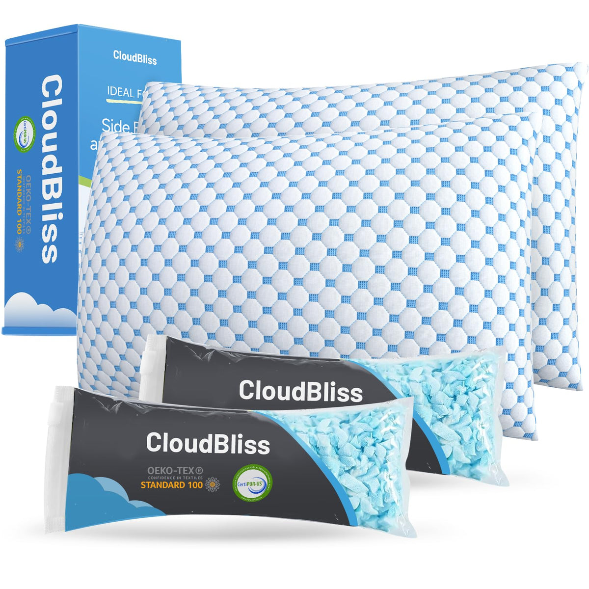 Cloudbliss Cooling Bed Set Of 2 Pillows For Sleeping, Shredded Memory Foam Pillows With Washable & Breathable Pillowcase, Adjust