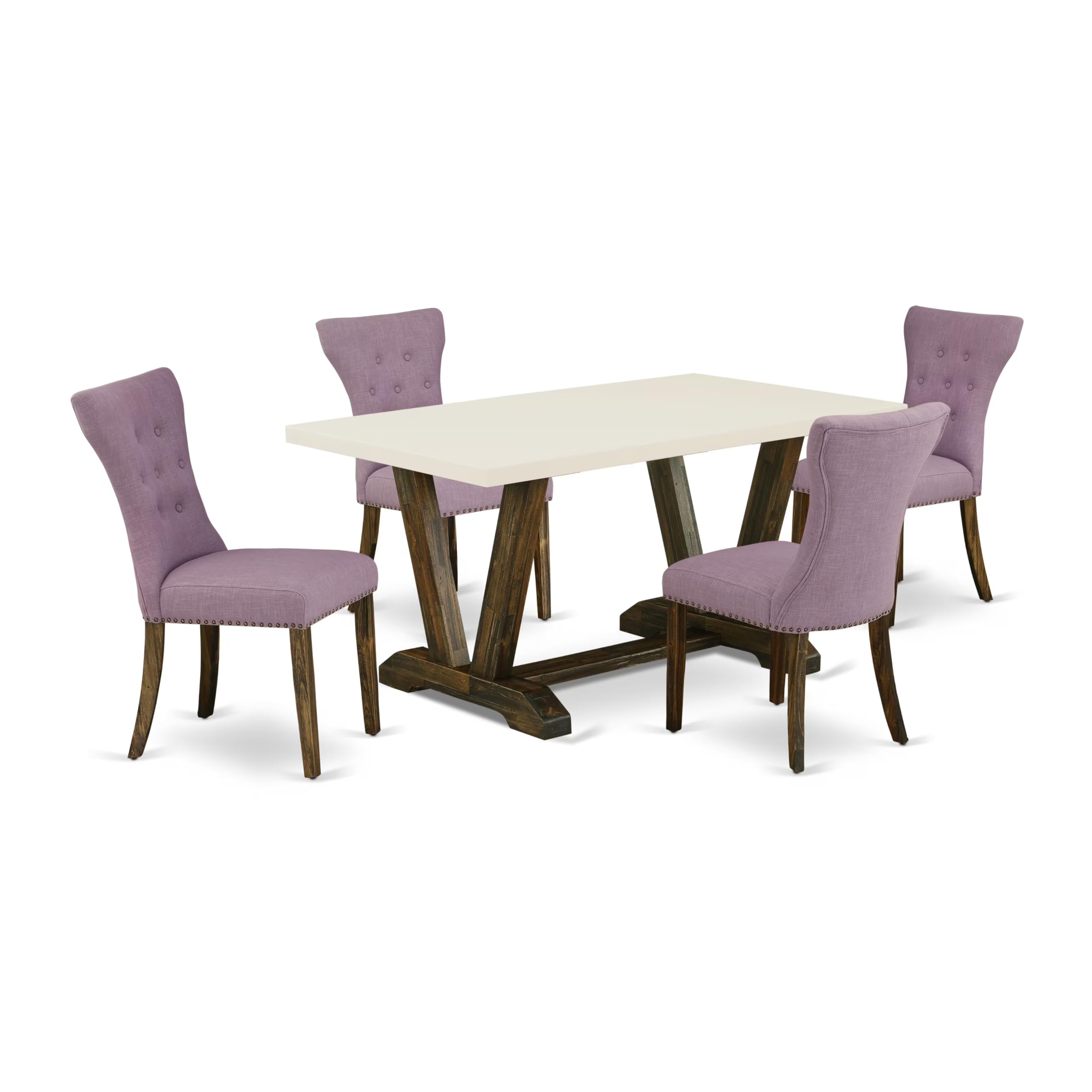 East West Furniture V726Ga740-5 5 Piece Modern Dining Table Set Includes A Rectangle Wooden Table With V-Legs And 4 Dahlia Linen Fabric Upholstered Parson Chairs, 36X60 Inch, Multi-Color