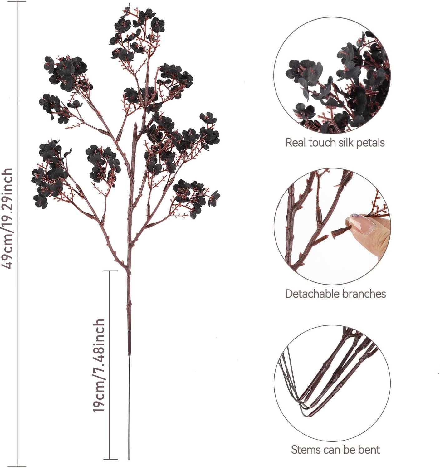 Hiagrow Babys Breath Artificial Flowers, 8 Bundles Real Touch Black Fake Flowers Burgundy Silk Flowers Bulk For Vase Home Office