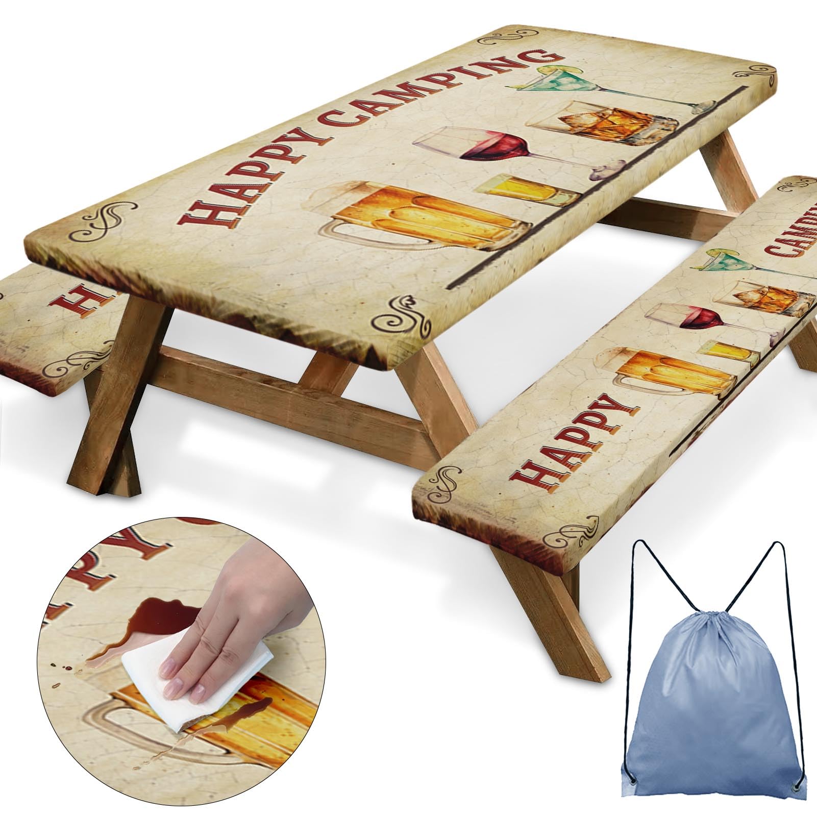 Britown Picnic Table Cover with Bench Covers Elastic Edges, Vintage Camper Fitted Table Cover, Outdoor Camping Essentials 72 Inc