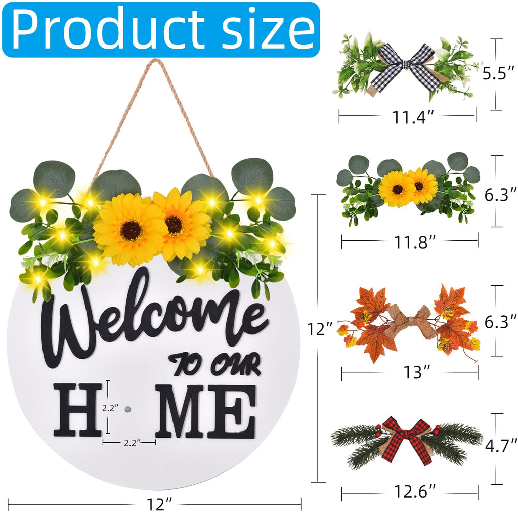 Interchangeable Welcome Home Sign, Front Door Decor With 4 Seasonal Wreaths And 21 Changeable Icons, Rustic Wood Wall Porch Hang
