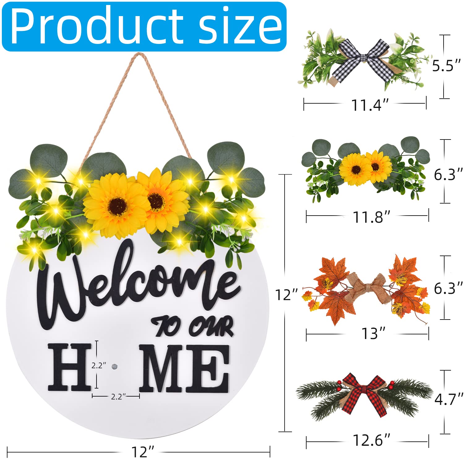 Interchangeable Welcome Home Sign, Front Door Decor With 4 Seasonal Wreaths And 21 Changeable Icons, Rustic Wood Wall Porch Hang