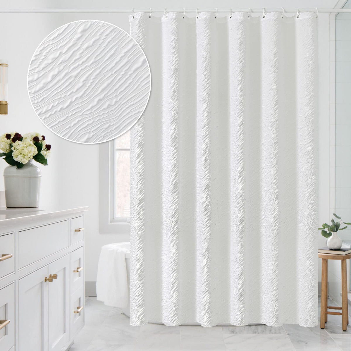 Mitovilla White Modern Fabric Shower Curtain, Farmhouse Waves Cloth Shower Curtains For Neutral Hotel Bathroom Decor, 3D Geometr