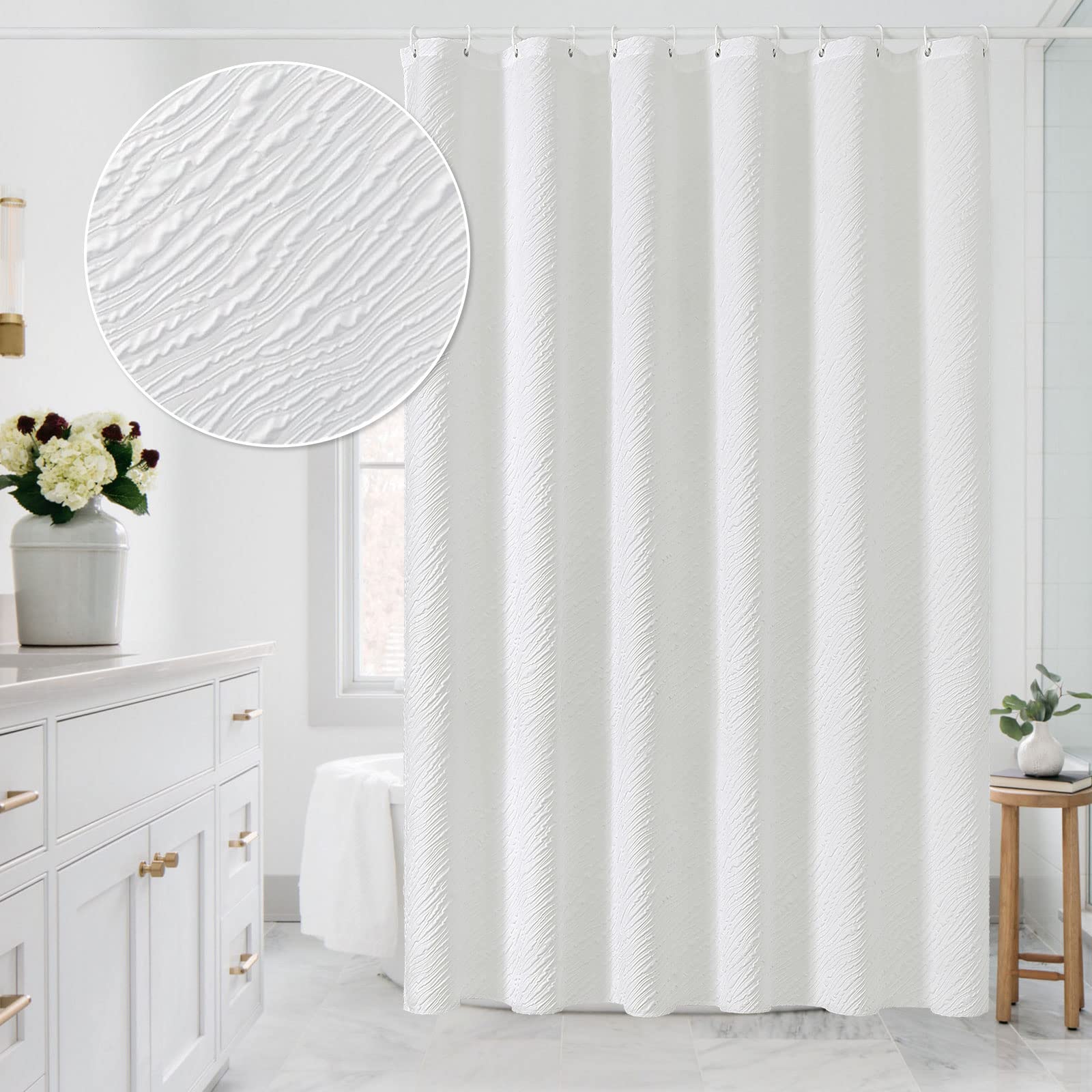Mitovilla White Modern Fabric Shower Curtain, Farmhouse Waves Cloth Shower Curtains For Neutral Hotel Bathroom Decor, 3D Geometr