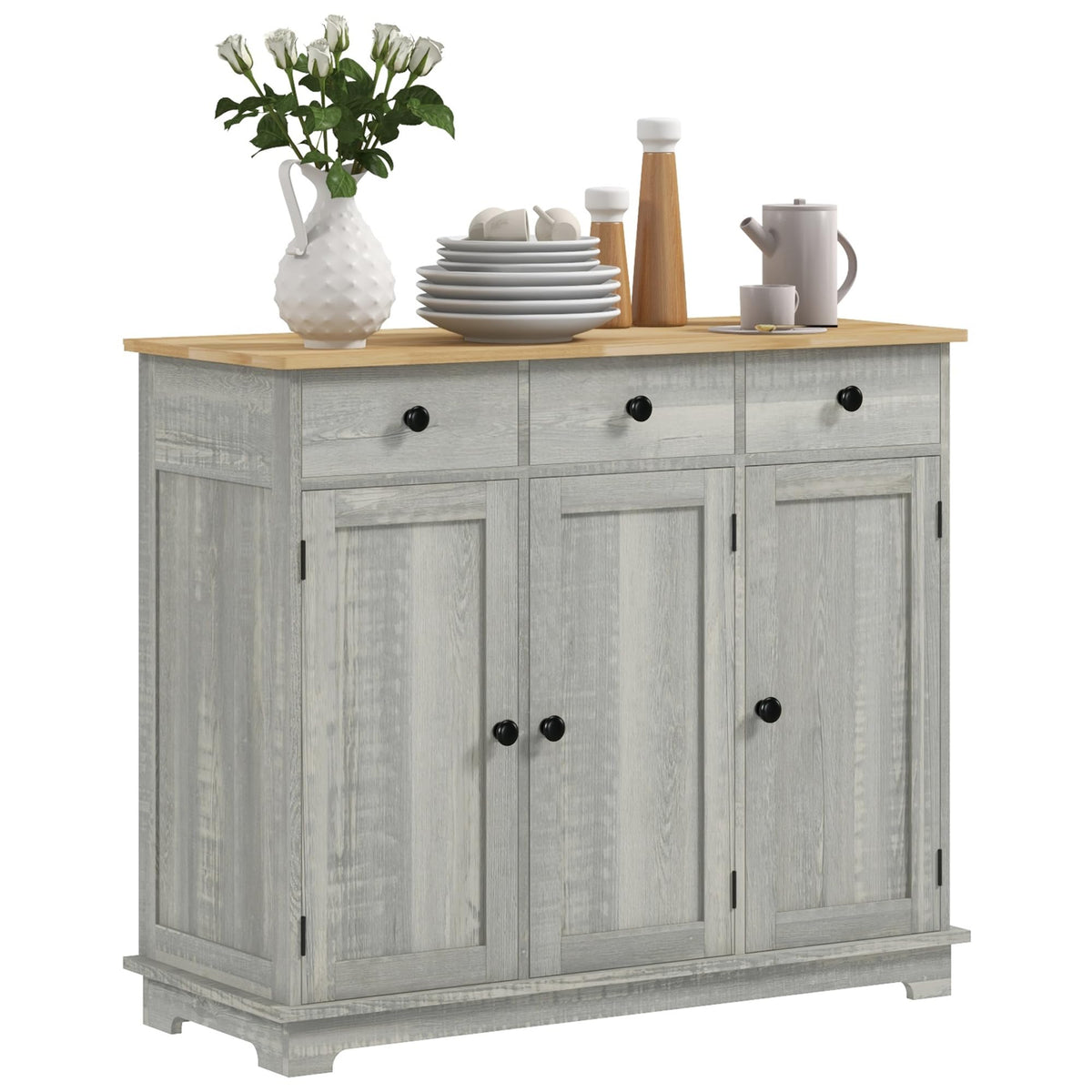 HOMCOM Sideboard with Solid Wood Countertop, Modern Kitchen Storage Cabinet, Coffee Bar Cabinet with 3 Drawers, Doors and Adjust