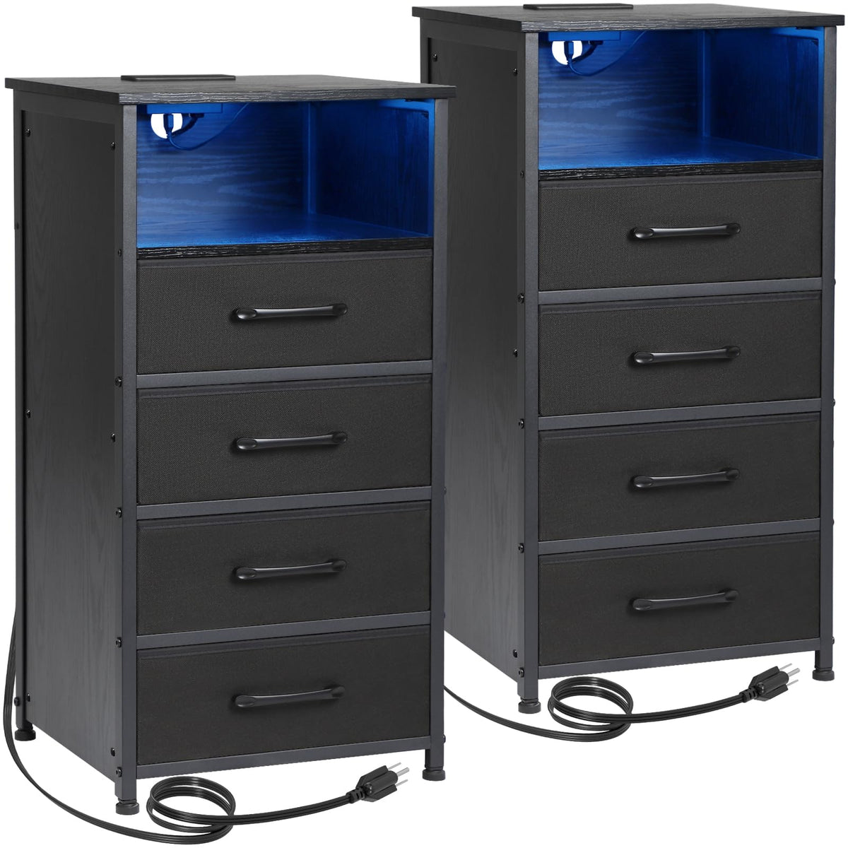 Loakekel Night Stand, Tall Nightstand Set Of 2 With Charging Station, Black Dresser For Bedroom With 4 Drawers, Led End Tables With Usb Ports And Outlets, Bedside Table With Storage Bins, Hns034Bk