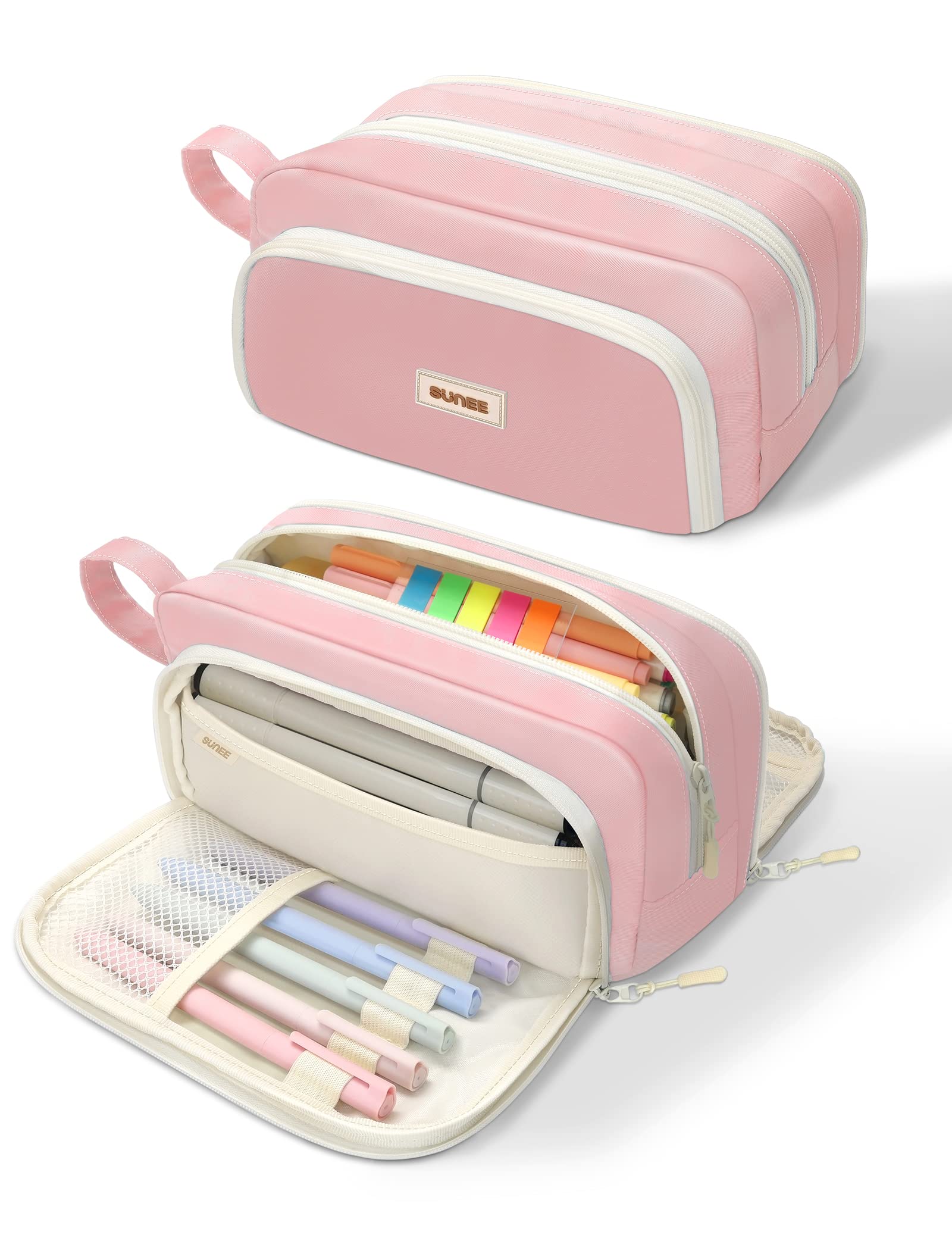 Sunee Cute Pencil Case, Aesthetic Pen Pouch With 3 Compartments, Kawaii Colored Large Pencil Bag With Zipper, Stationery Storage