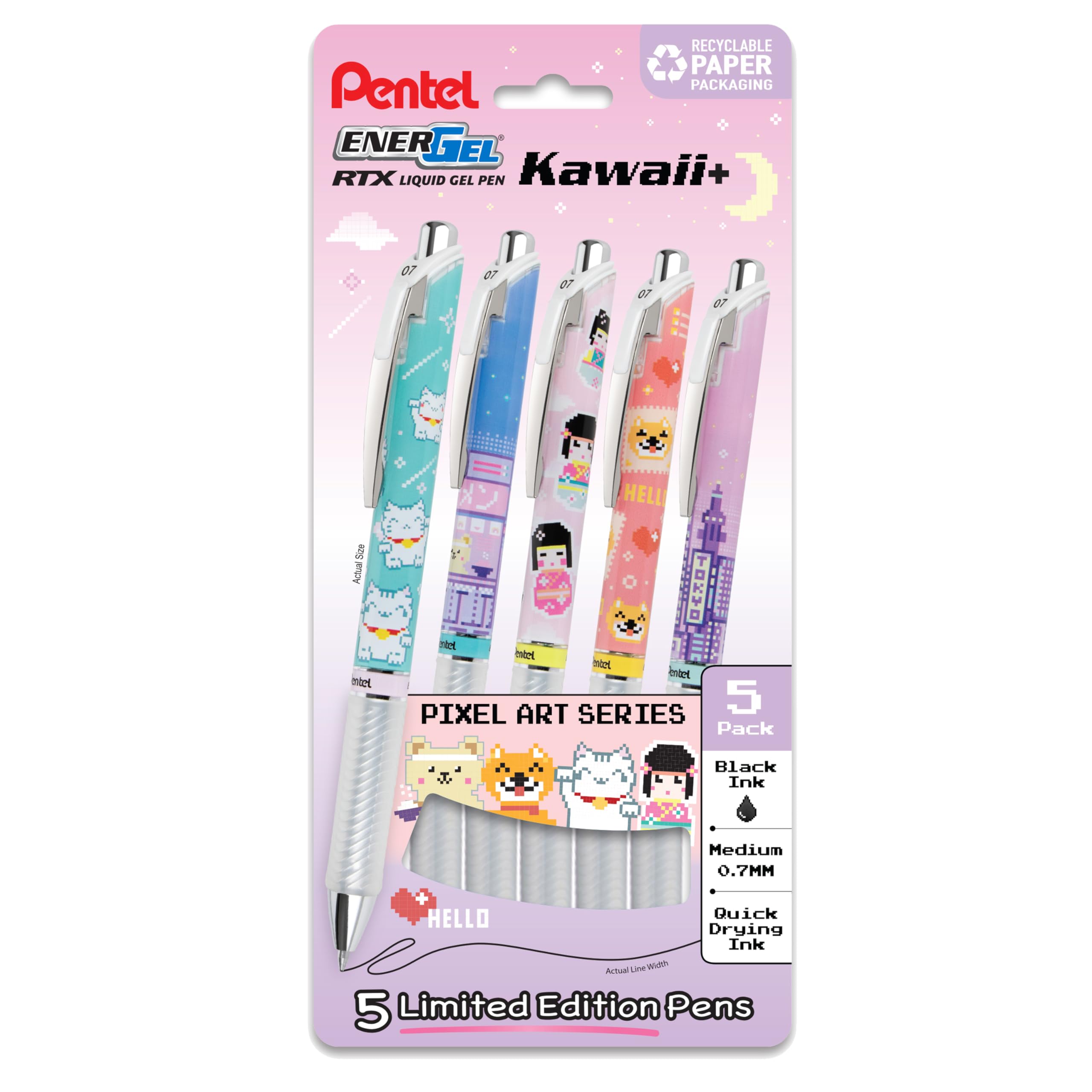 Pentel Energel Rtx Liquid Gel Pen, Kawaii Tokyo Designs, (0.7Mm), Medium Line, Black Ink, Pack Of 5 (Bl77Kwipf5A)