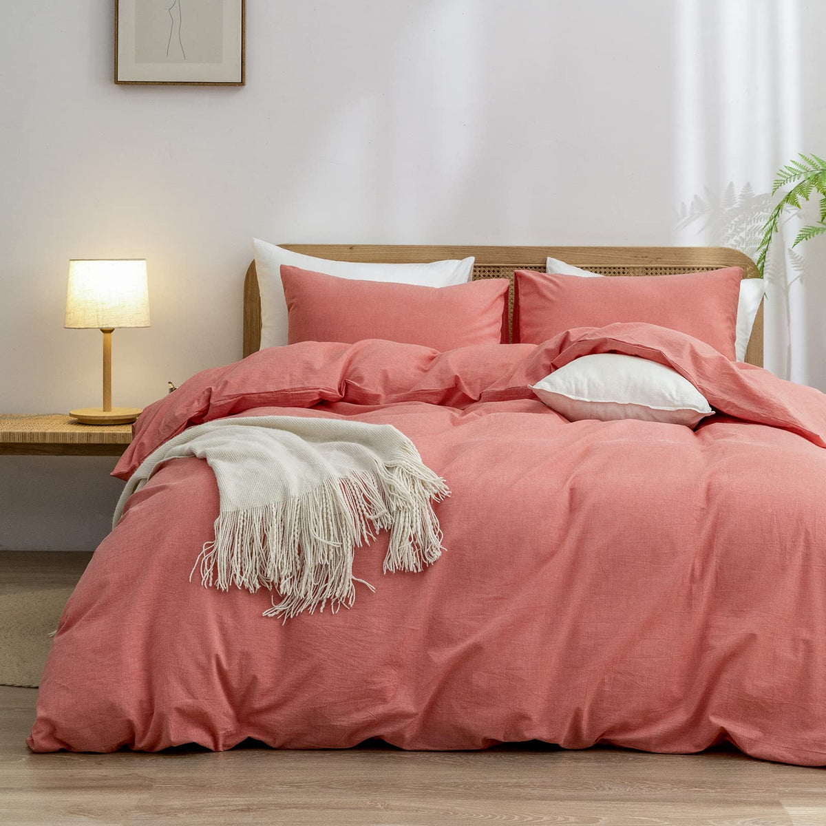 Bestouch Duvet Cover Set 100% Washed Cotton Linen Feel Super Soft Comfortable Chic Lightweight 3 Pcs Home Bedding Set Solid Oran