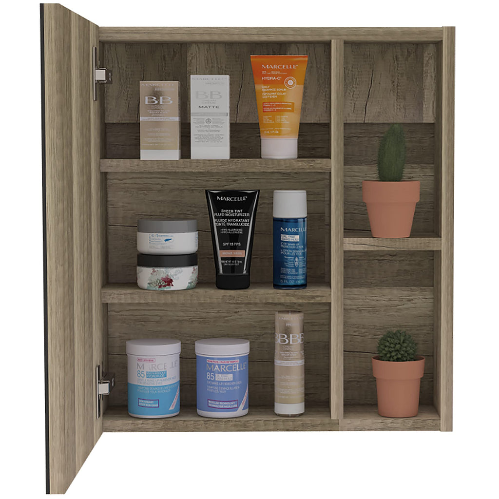 Medicine 19H Single Door Cabinet with Mirror, 5 Interior Shelves, Light Oak