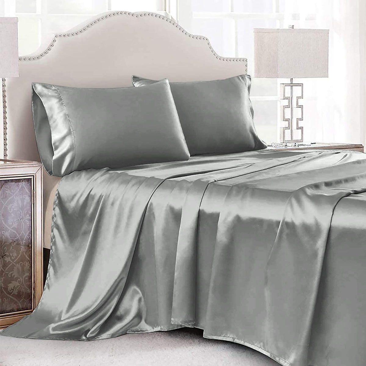 Cobedzy 3 Pieces Grey Satin Sheets Twin Size Bed Set, Luxury Silky Satin Bedding Sheets Set With 1 Deep Pocket Fitted Sheet, 1 S