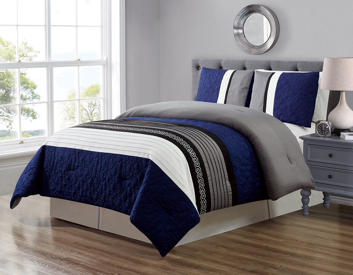 Grandlinen 3 Piece Navy Blue/Grey/Black/White Scroll Embroidery Bed In A Bag Down Alternative Comforter Set (Double) Full Size B