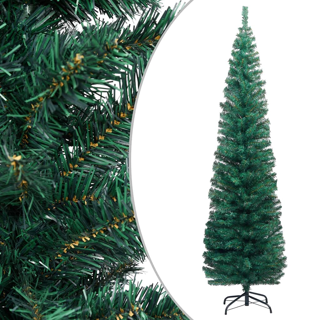 vidaXL Slim Artificial Christmas Tree with Steel Stand, 7ft Lifelike Green PVC, Full-Bodied Indoor/Outdoor Holiday Decor, Easy Assembly