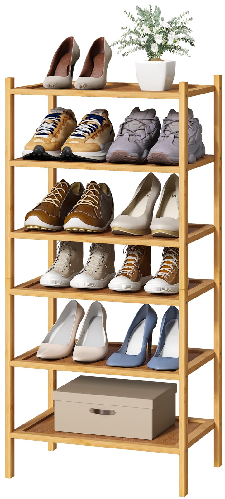 Kiplant 6-Tier Small Bamboo Shoe Rack For Entryway, Stackable | Foldable | Natural, Shoe Organizer For Hallway Closet, Free Standing Shoe Racks For Indoor Outdoor