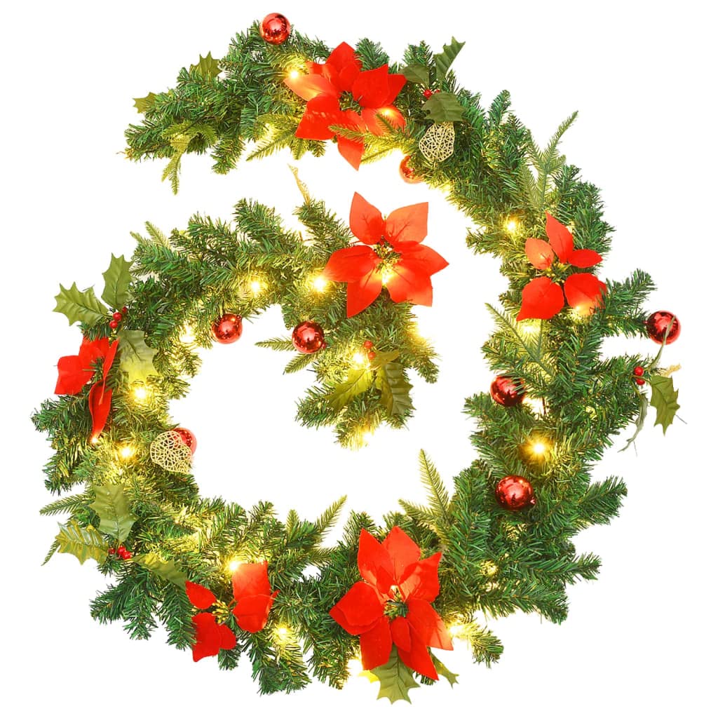 vidaXL 8.9’ Green PVC Christmas Garland with LED Lights - Festive Indoor and Outdoor Holiday Decoration with Red Accents.