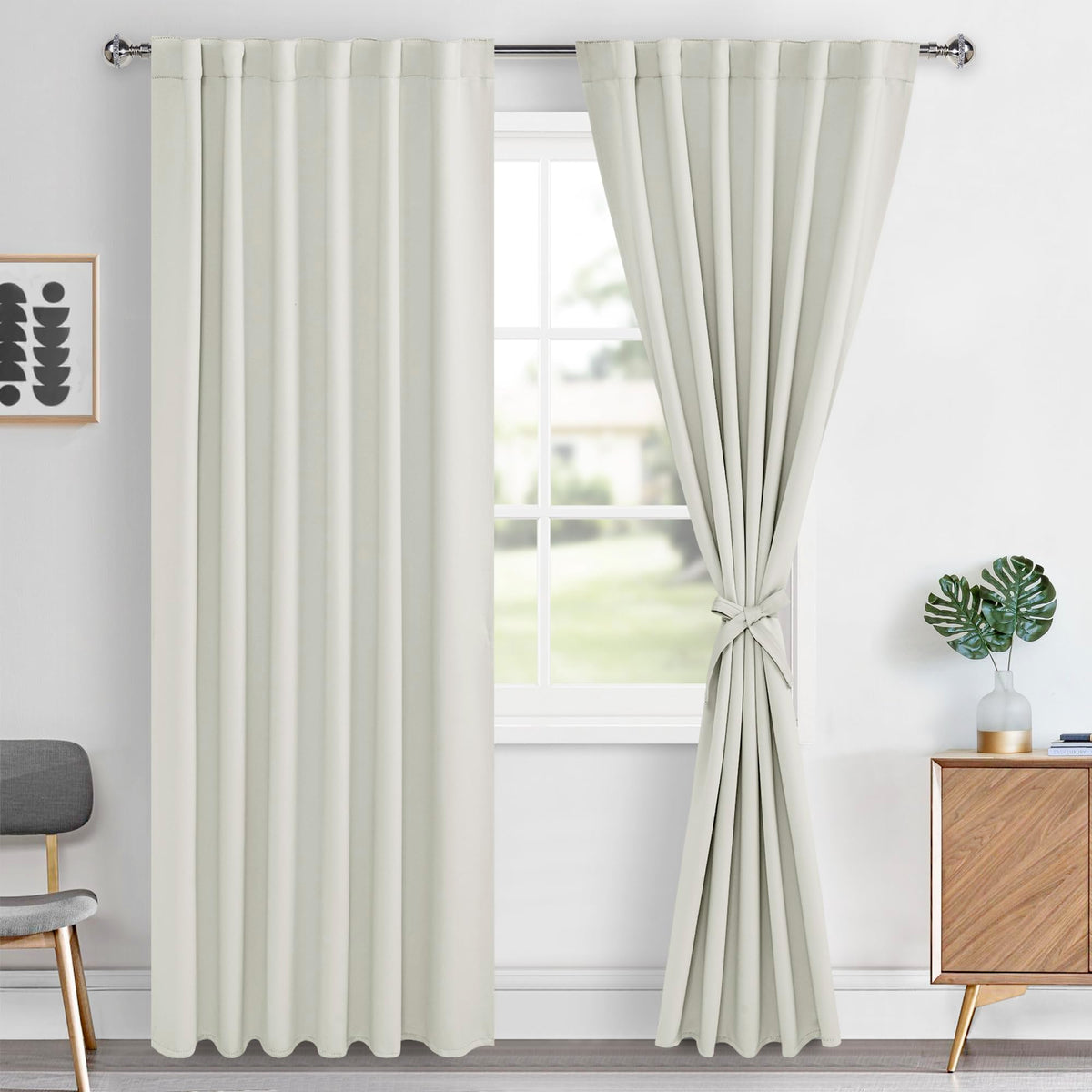 Hiasan Ivory Blackout Curtains 2 Panels For Bedroom, Back Tab & Rod Pocket Curtains 96 Inch Long Sewn With Tiebacks, Room Darken