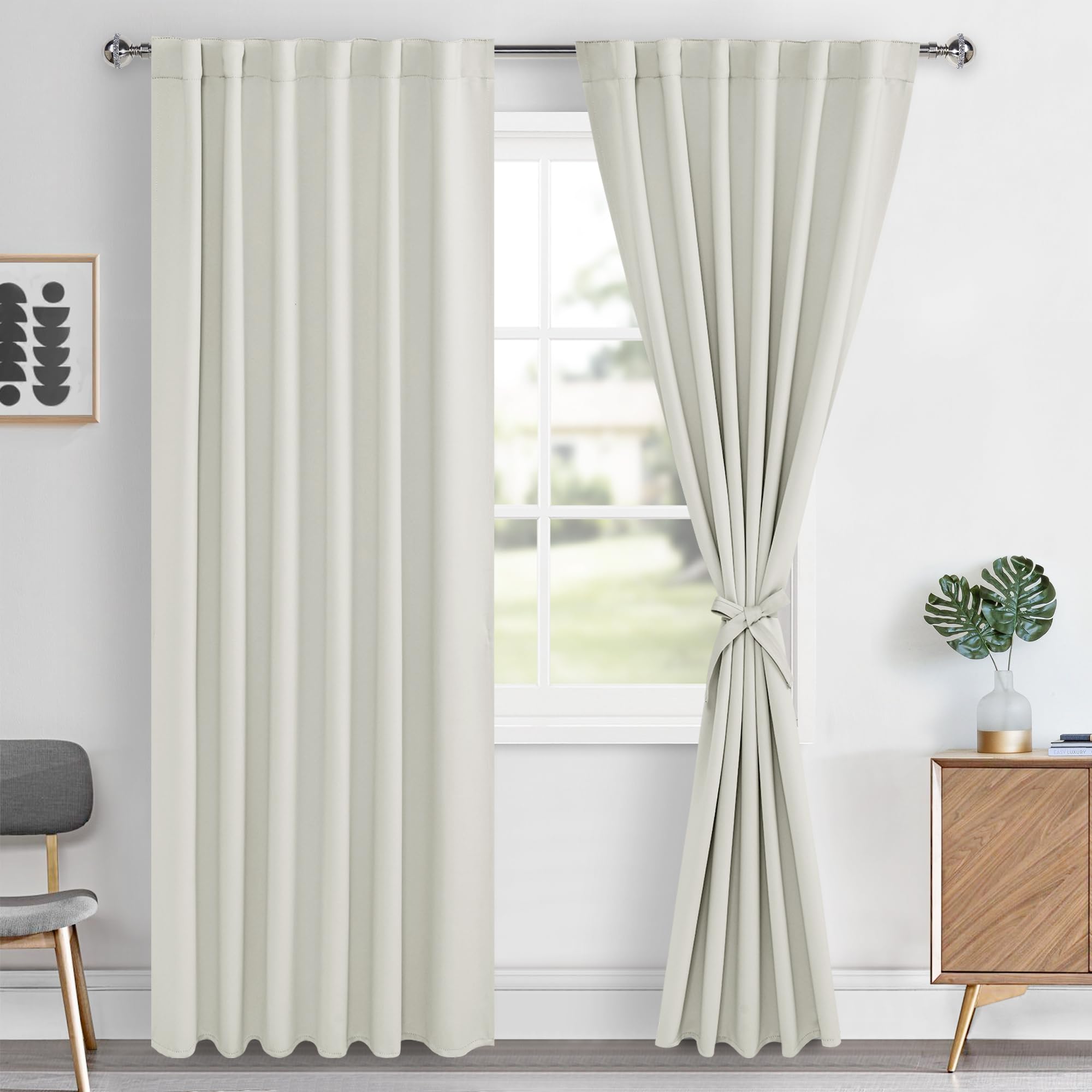 Hiasan Ivory Blackout Curtains 2 Panels For Bedroom, Back Tab & Rod Pocket Curtains 96 Inch Long Sewn With Tiebacks, Room Darken