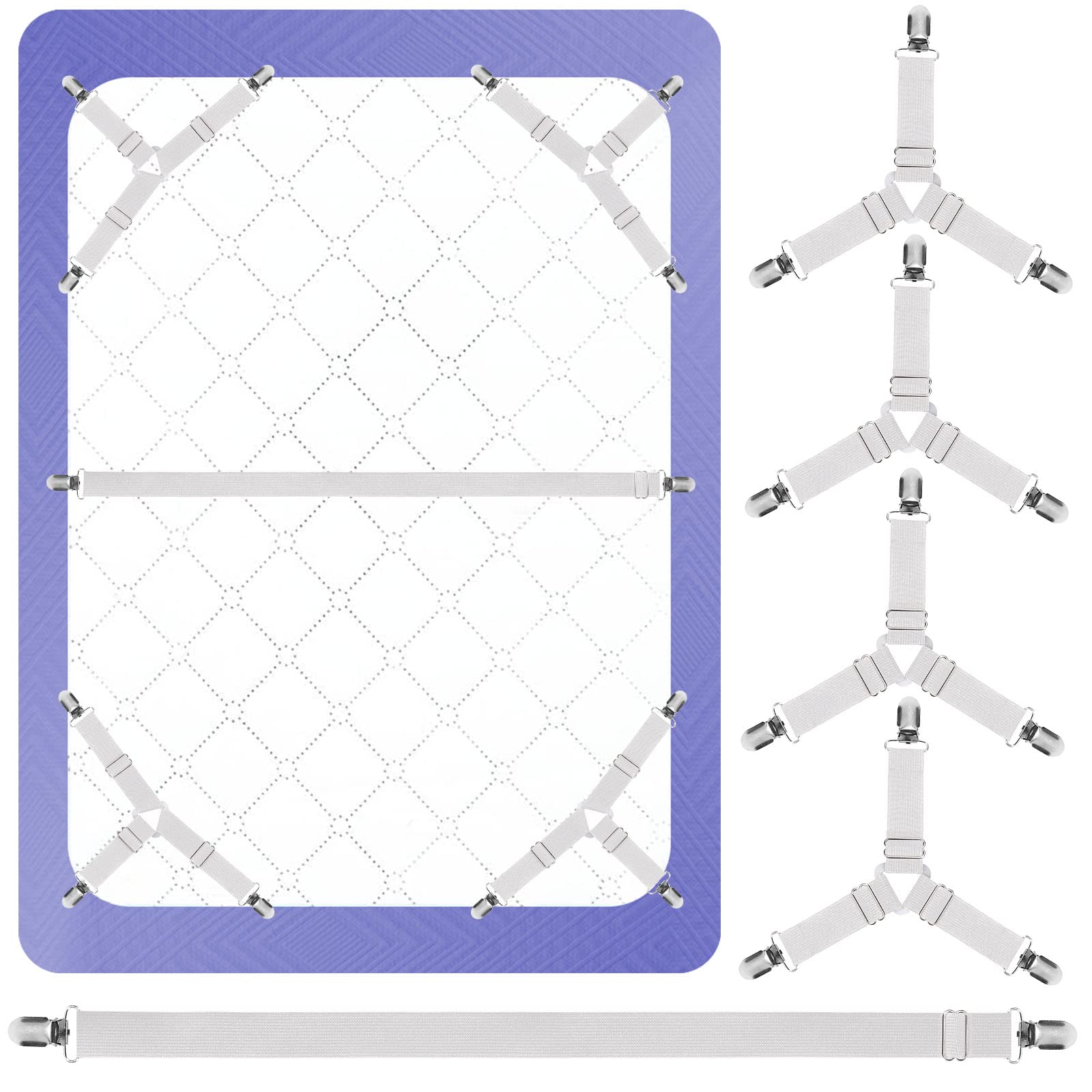 Bed Sheet Holder Straps, 4+1 Pcs, Triangle Adjustable Elastic Fitted Sheet Clips, 3 Way Sheets Corner Straps Grippers Fasteners