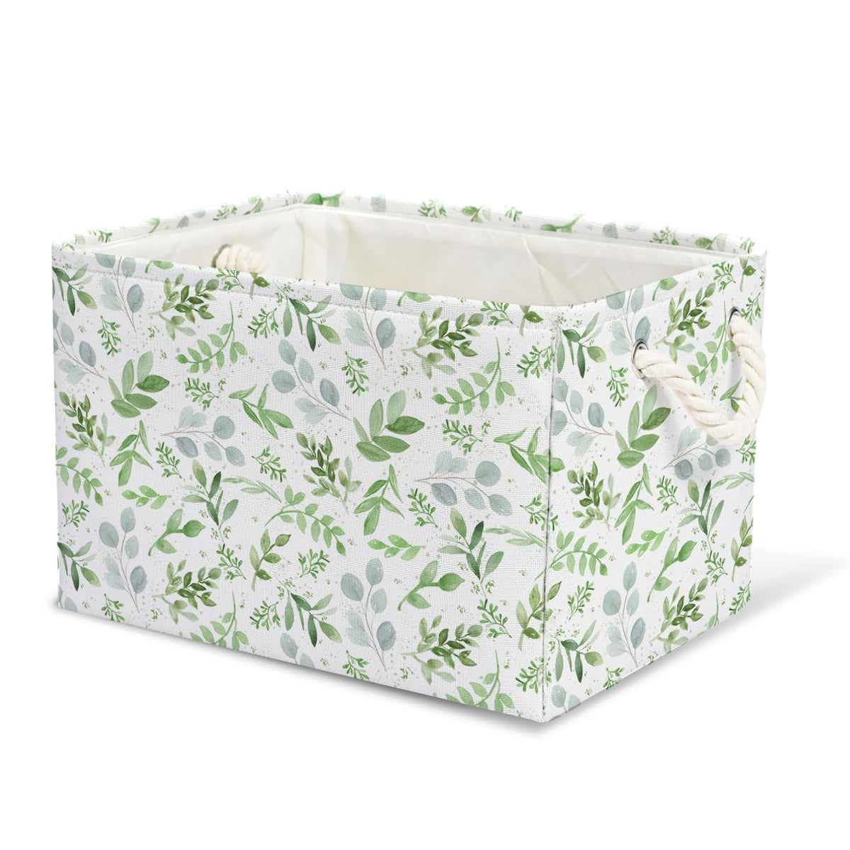 FYSUIMU Greenery Rectangle Storage Basket 15 x 10.2 x 9.4 Inch Eucalyptus Leaves Foldable Open Toy Organizer Bag with Handle Lar