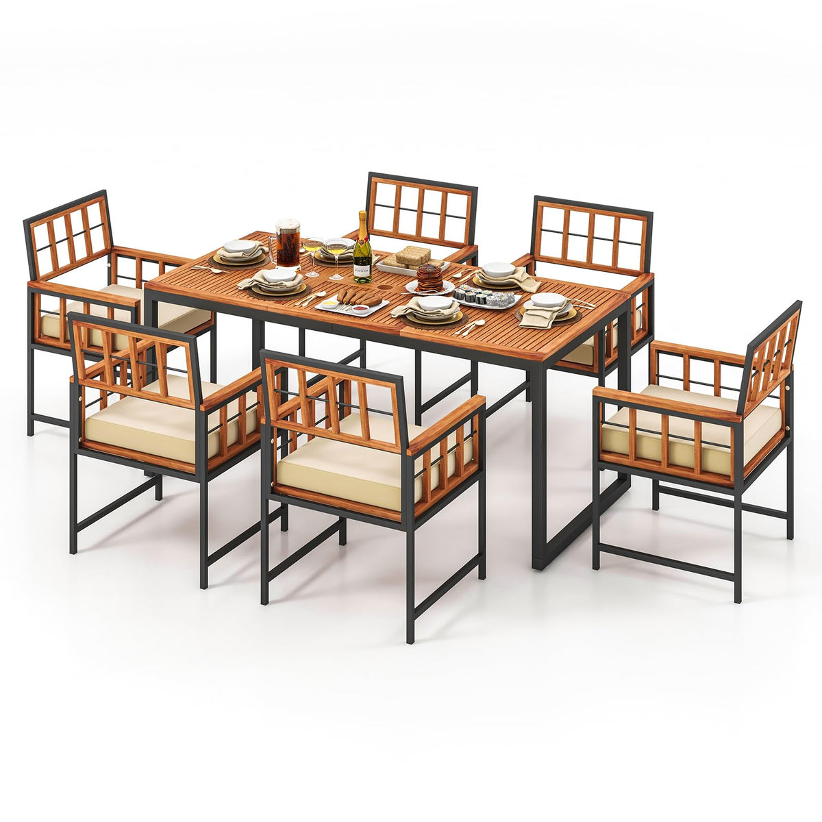 Tangkula 7 Pieces Patio Dining Set, Outdoor Acacia Wood Table And Chairs With Soft Cushions And 1.96” Umbrella Hole For Backyard, Garden, Poolside (Beige)