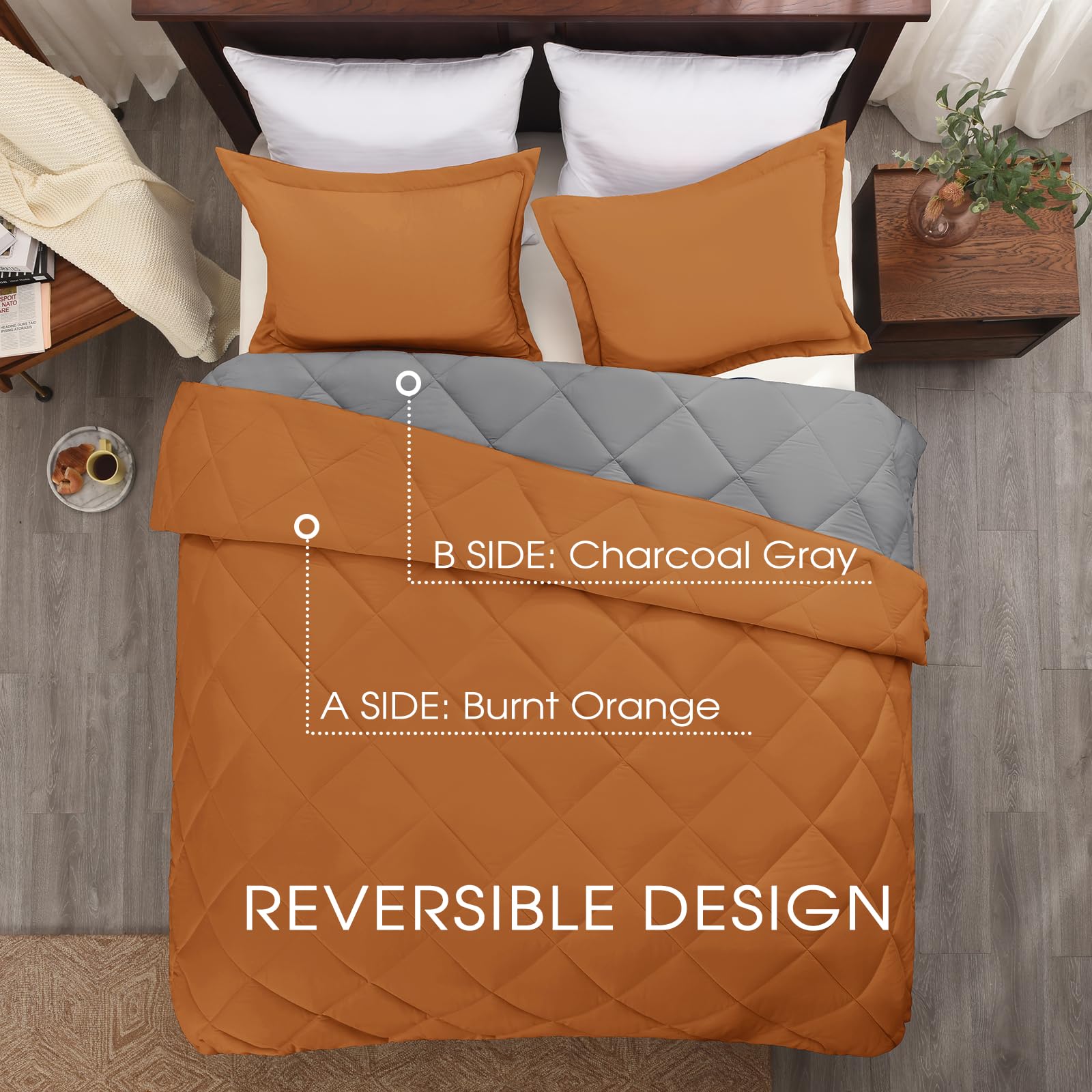 Basic Beyond Twin Comforter Set - Burnt Orange Comforter Set Twin , Reversible Twin Bed Comforter Set For All Seasons, Burnt Orange/Charcoal Gray, 1 Comforter (66'X92') And 1 Pillow Sham (20'X26'+2')