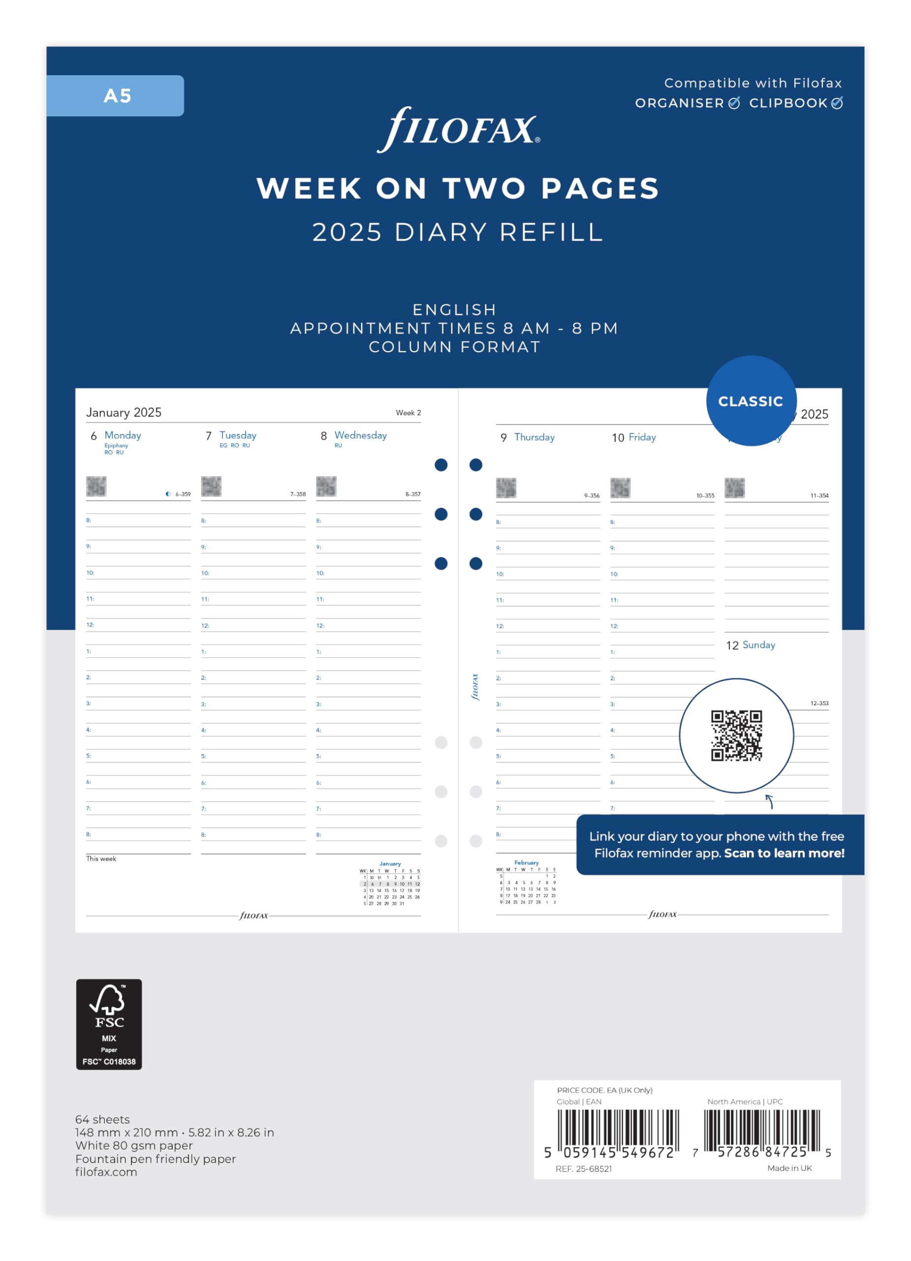 Filofax A5 Week On Two Pages Column Format English 2025 Diary