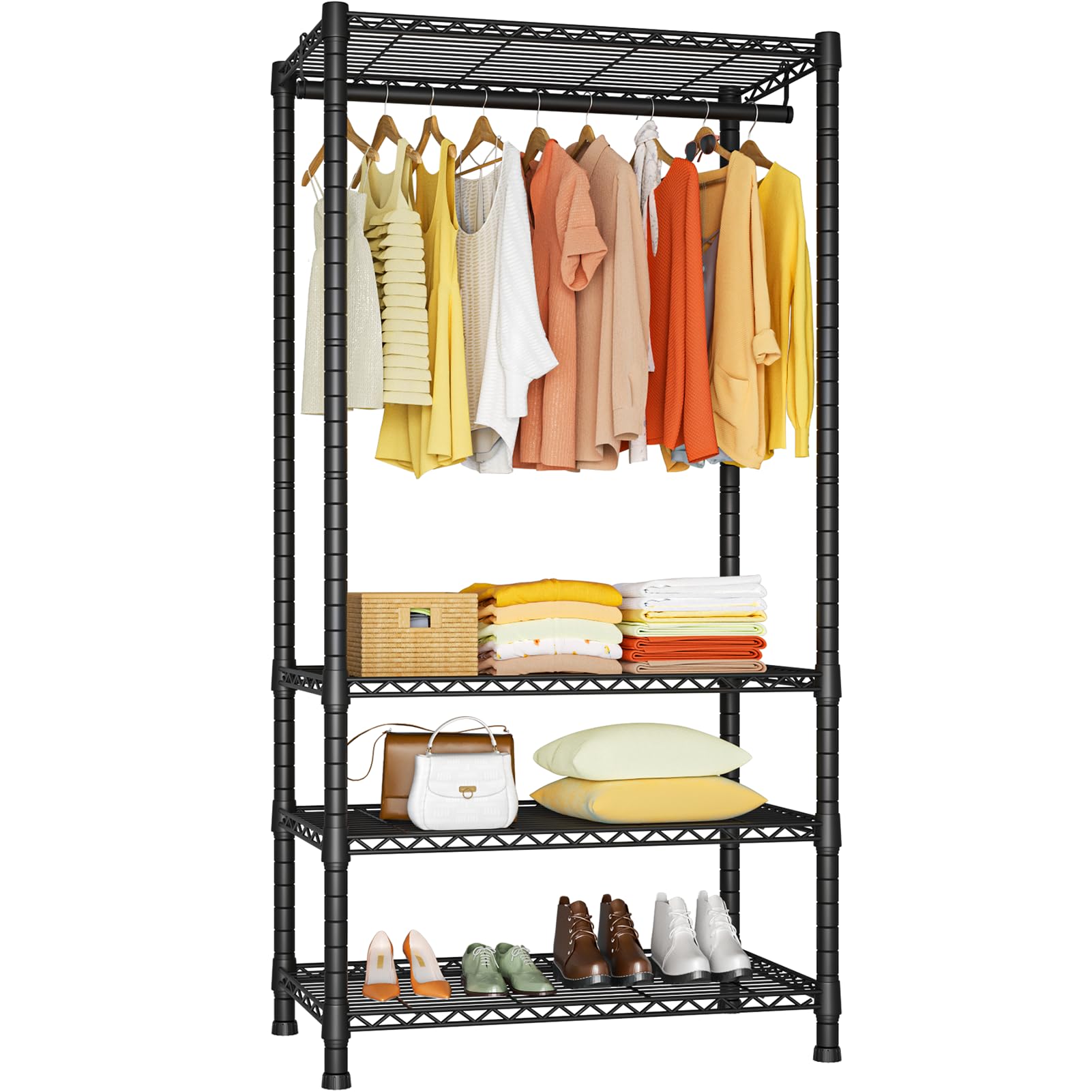 Ulif H2 Heavy Duty Clothes Rack, Freestanding 4 Tiers Garment Rack for Hanging Clothes with Shelves and Hangers, Closet Organize