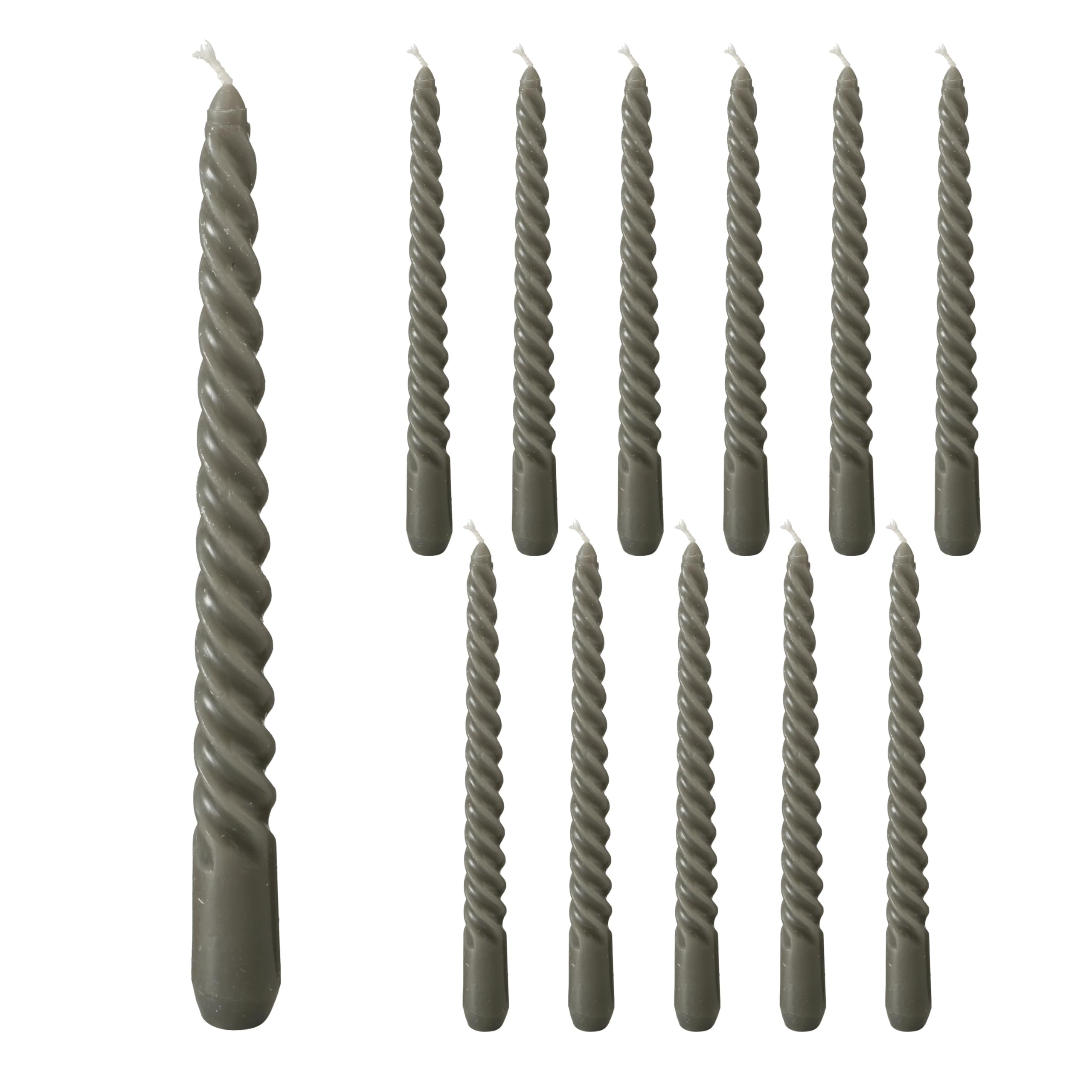 12 Piece Pale Dark Grey Twist Taper Candles, 2 Boxed Sets of 6, 4 Hours Burn Time, Paraffin Wax, 7.75 Inches
