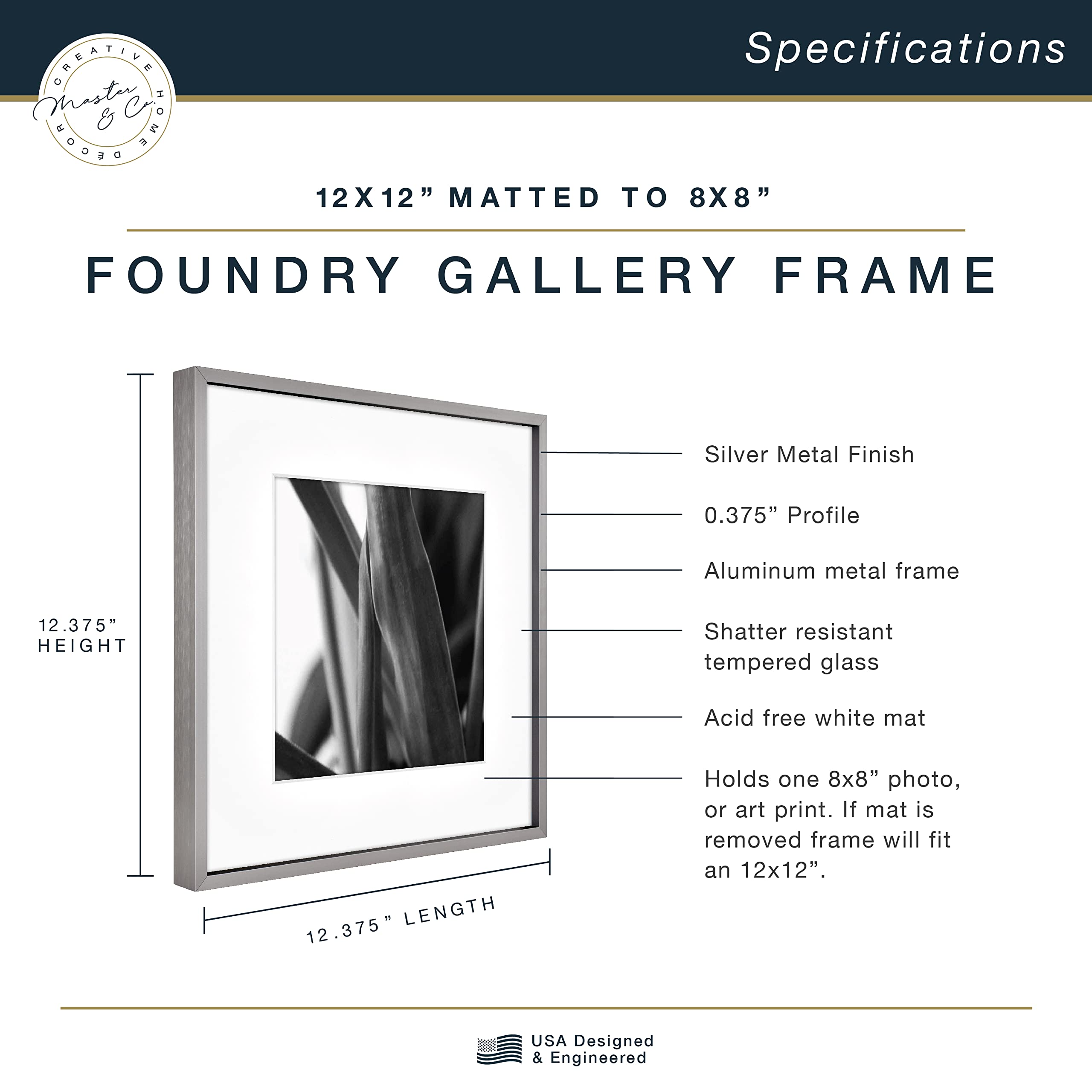 Mcs Master & Co. Foundry Metal Gallery Wall Frame, Dark Silver, 12 X 12 In Matted To 8 X 8 In