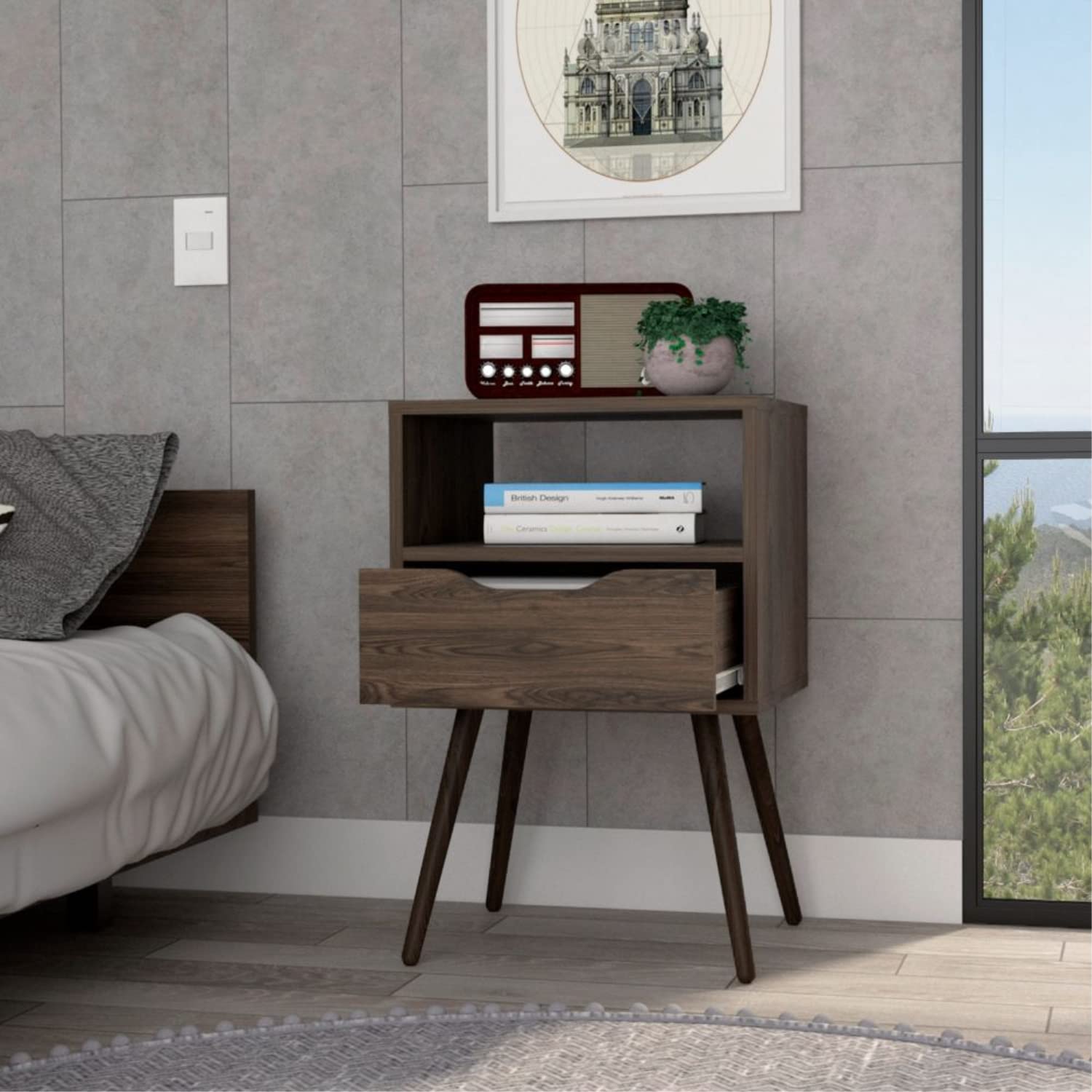 Emma Nightstand with Drawer and Open Shelf, Dark Walnut