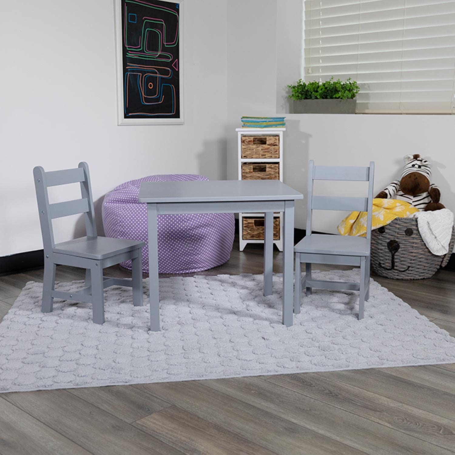 Flash Furniture Kyndl Kids Solid Hardwood Table and Chair Set for Playroom, Bedroom, Kitchen - 3 Piece Set - Gray