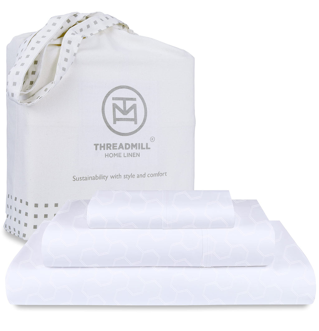 Threadmill 500 Thread Count Twin Size 3 Pc Luxury Cotton Bedding Set, Jacquard Floria Hotel White, Breathable Sheets with 15'' E