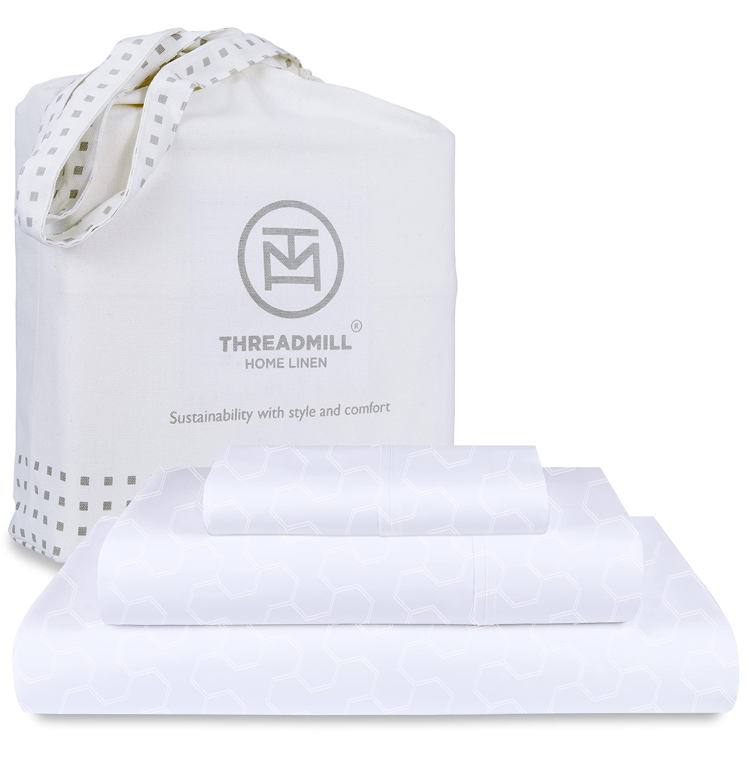 Threadmill 500 Thread Count Twin Size 3 Pc Luxury Cotton Bedding Set, Jacquard Floria Hotel White, Breathable Sheets with 15'' E