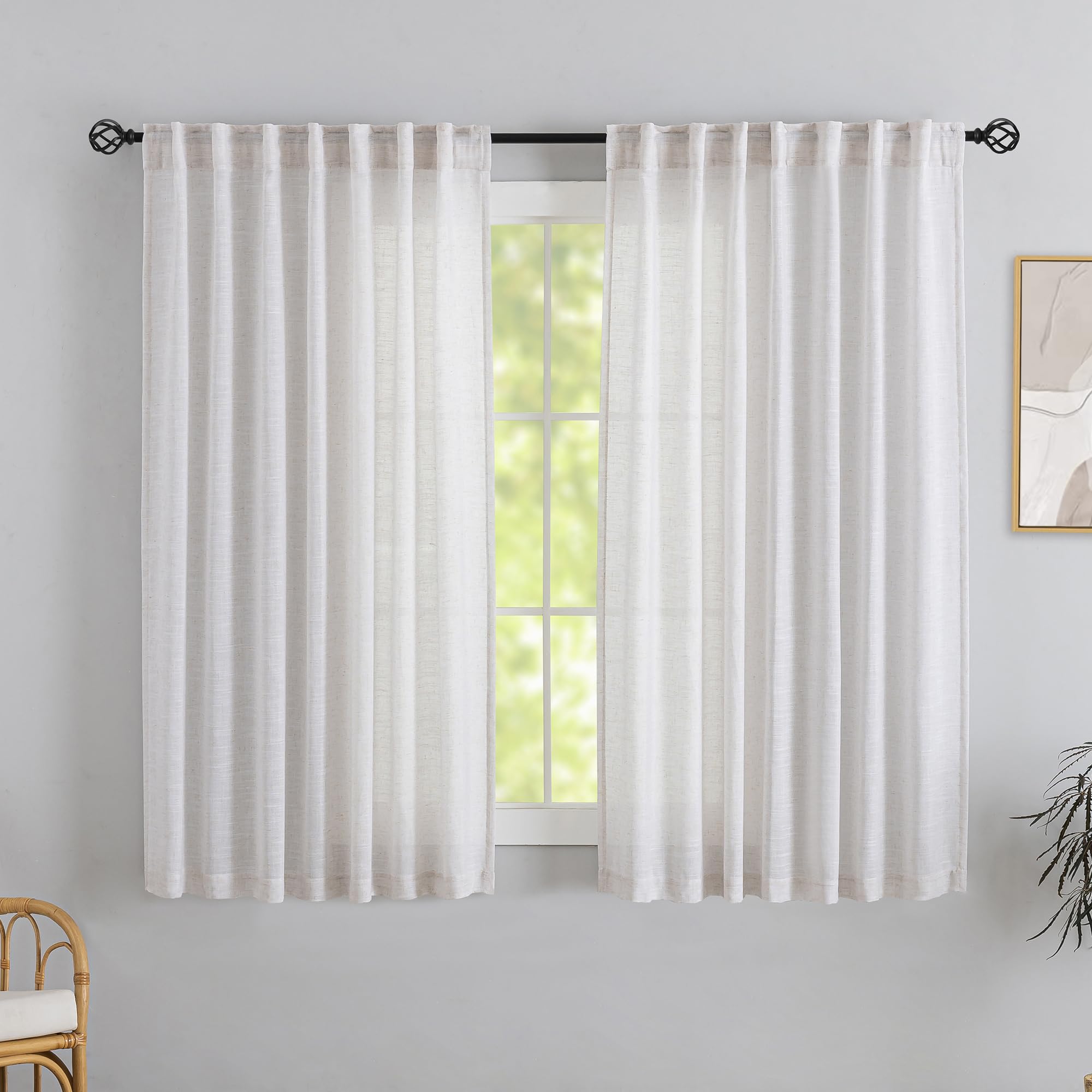 White With Linen Back Tab Curtains 72 Inches Long 2 Panels Set For Guest Room - Elegant Modern Country Pocket Semi Sheer Privacy Drapes Hooks Belt Pleated Light Filtering Playroom Curtains W52 X L72
